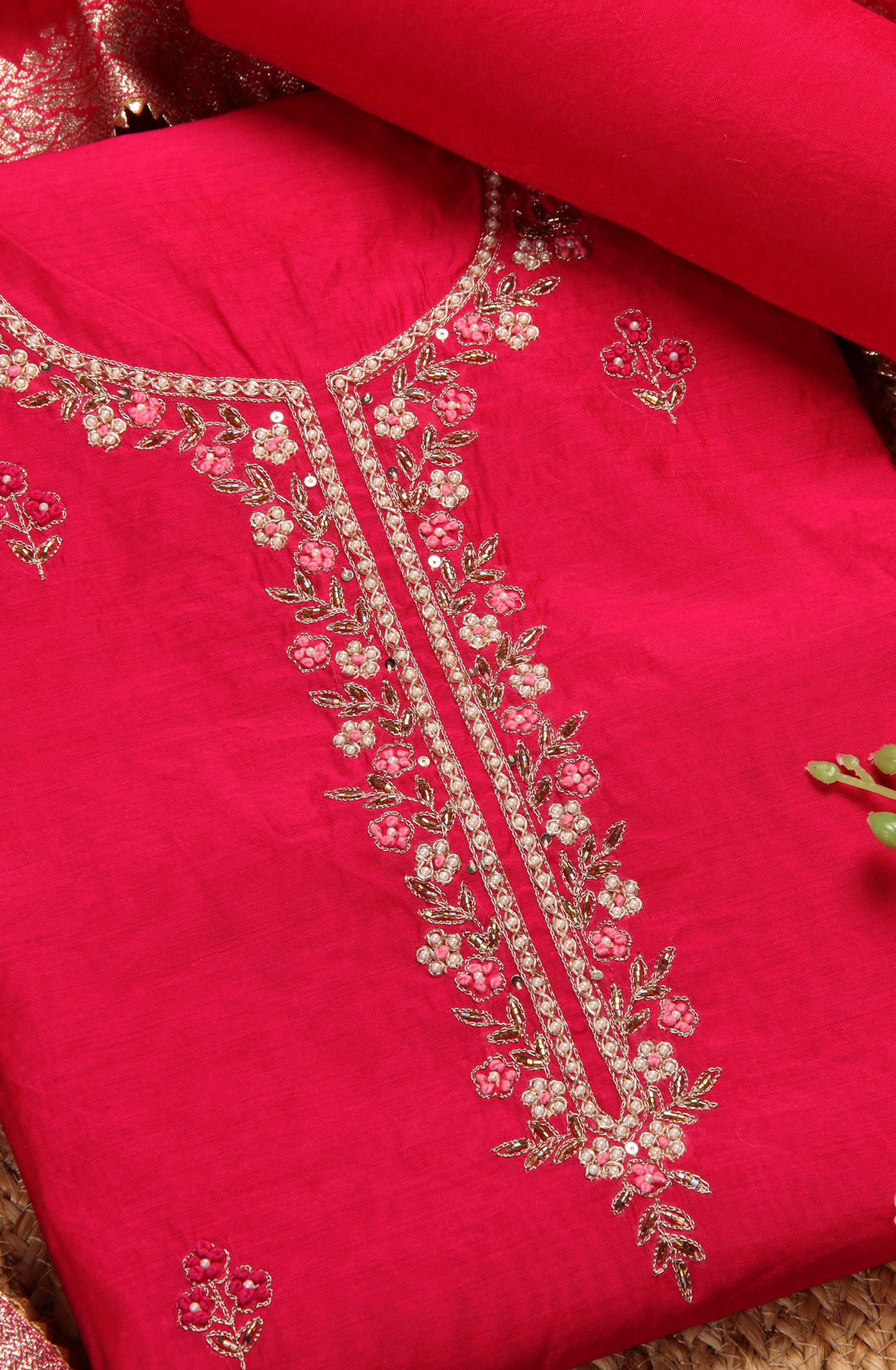 Rani Pink Beautiful Chanderi Unstitched Salwar Suit - 912-DF08920