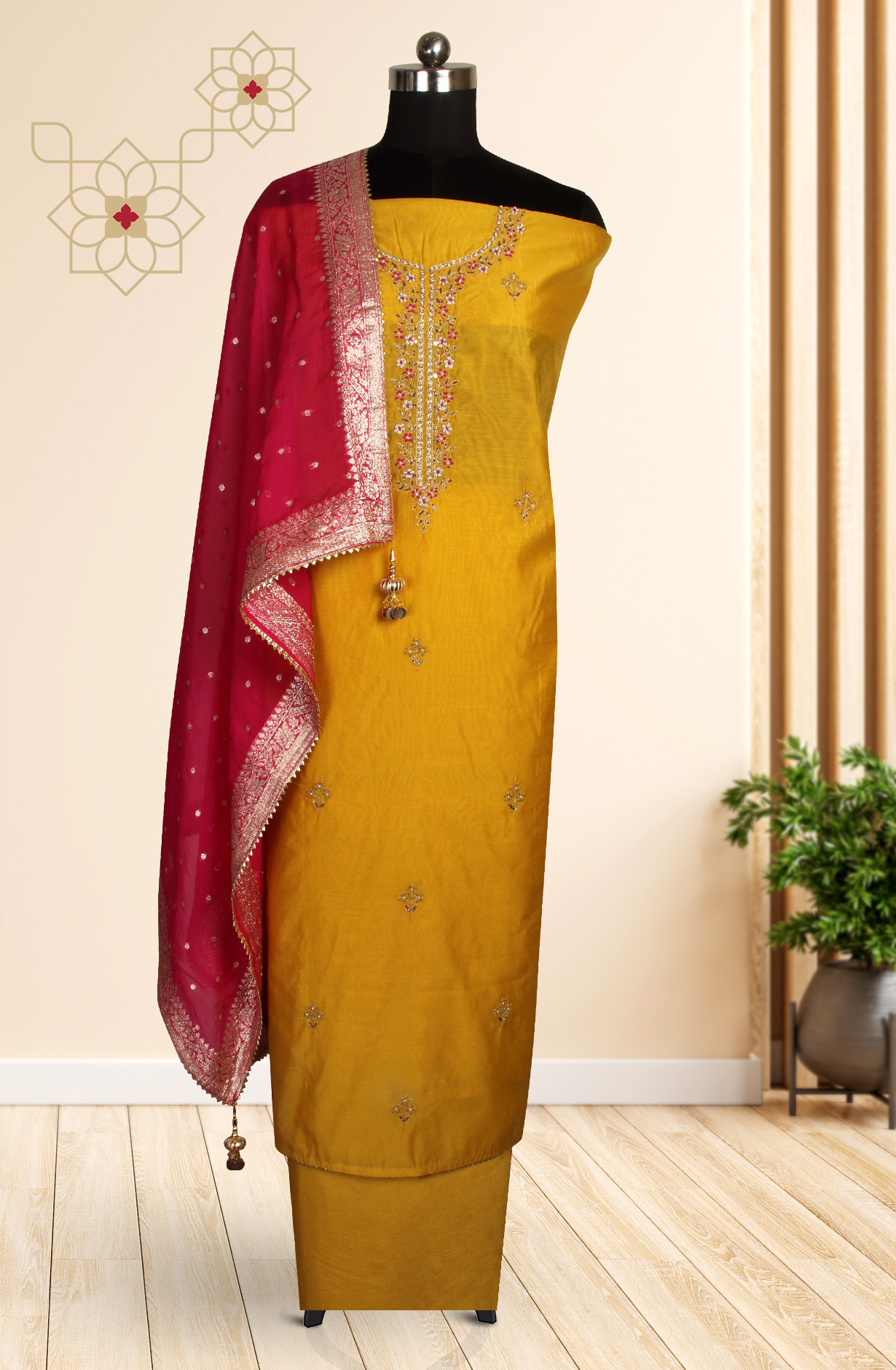Mustard Beautiful Chanderi Unstitched Salwar Suit - 912-DF08920A