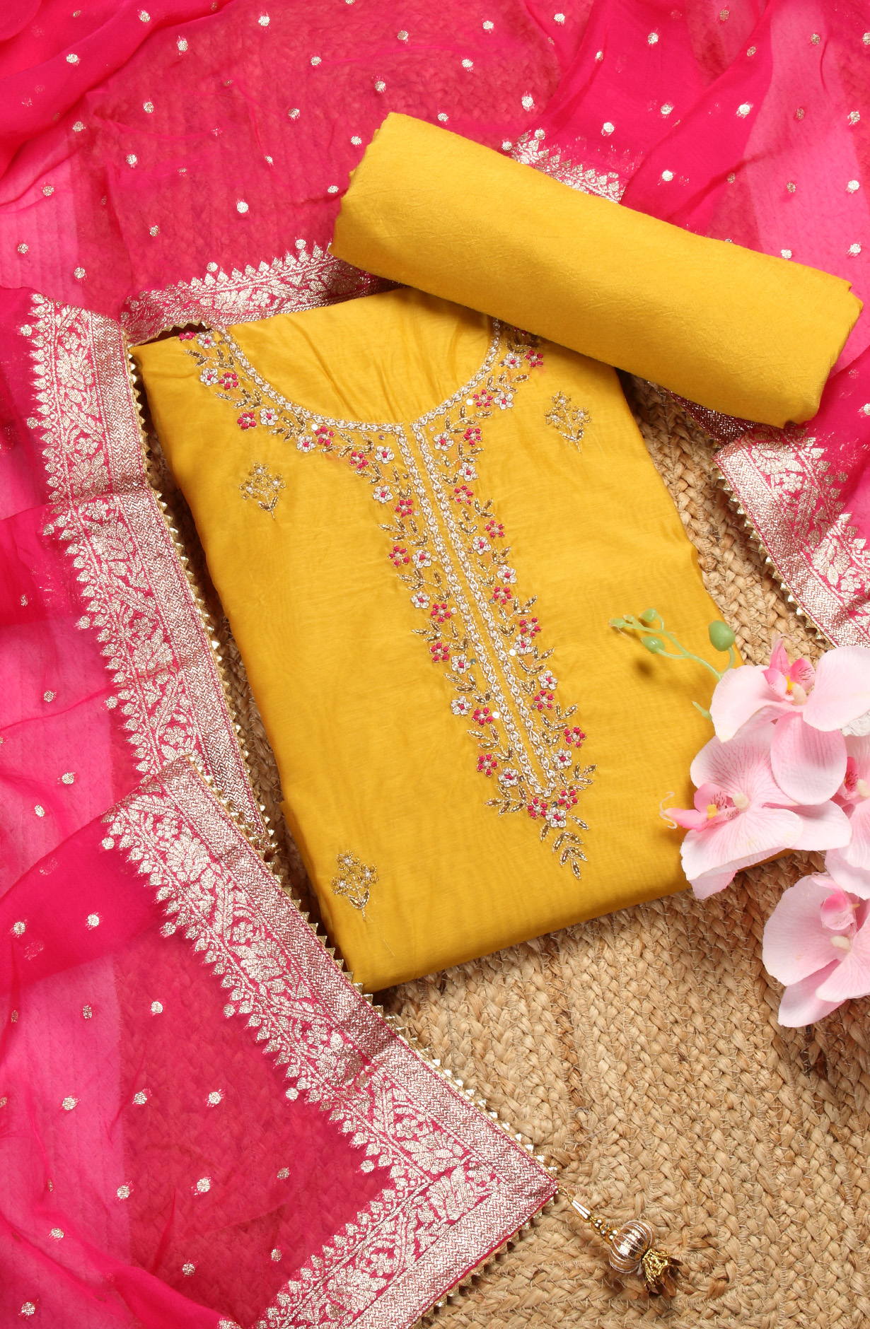 Mustard Beautiful Chanderi Unstitched Salwar Suit - 912-DF08920A