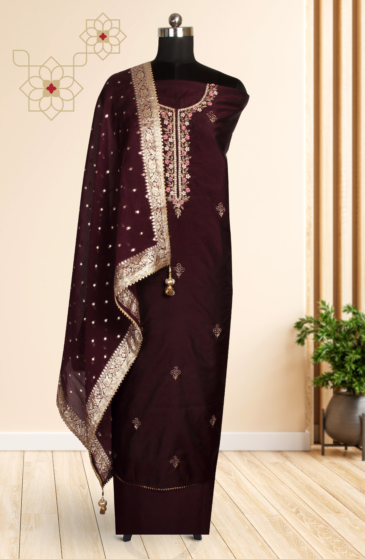 Wine Beautiful Chanderi Unstitched Salwar Suit - 912-DF08920B