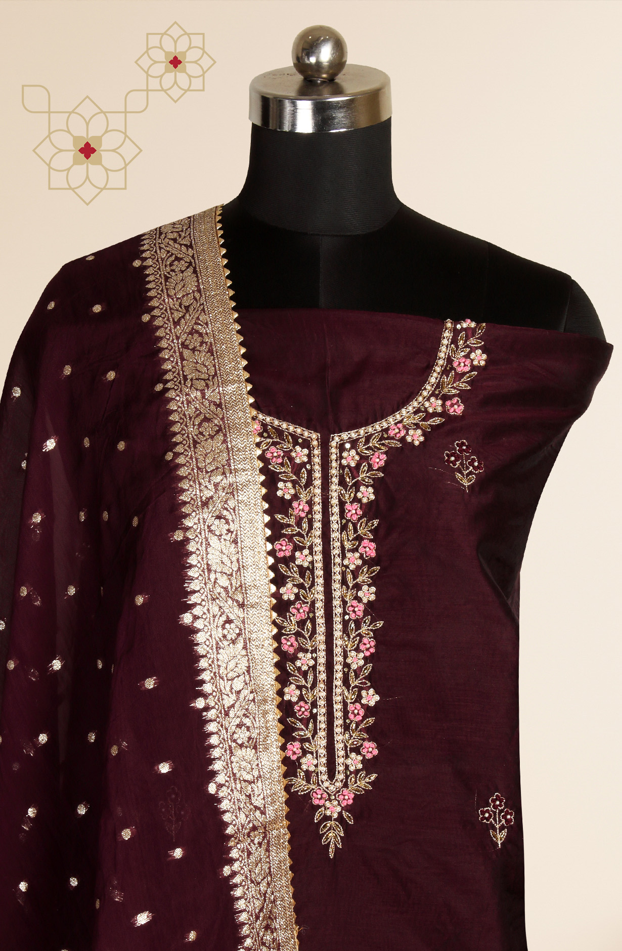 Wine Beautiful Chanderi Unstitched Salwar Suit - 912-DF08920B
