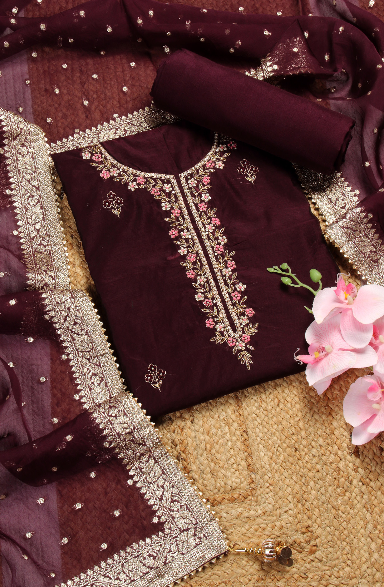 Wine Beautiful Chanderi Unstitched Salwar Suit - 912-DF08920B