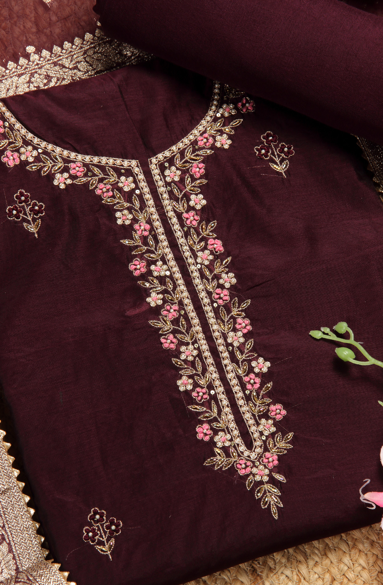 Wine Beautiful Chanderi Unstitched Salwar Suit - 912-DF08920B