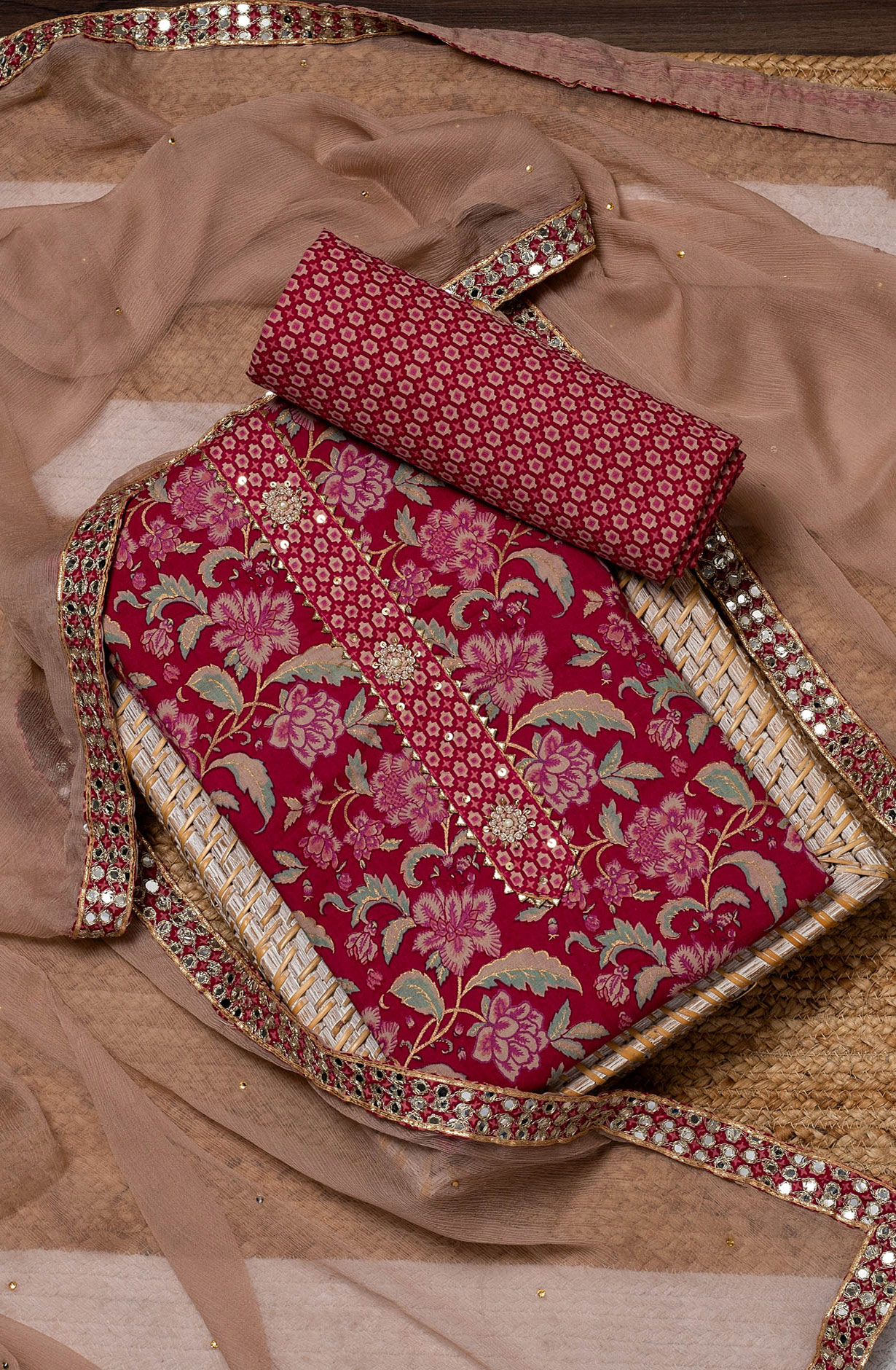 Magenta Cotton Printed Salwar Suit with Chiffon Dupatta - 912-DF08939