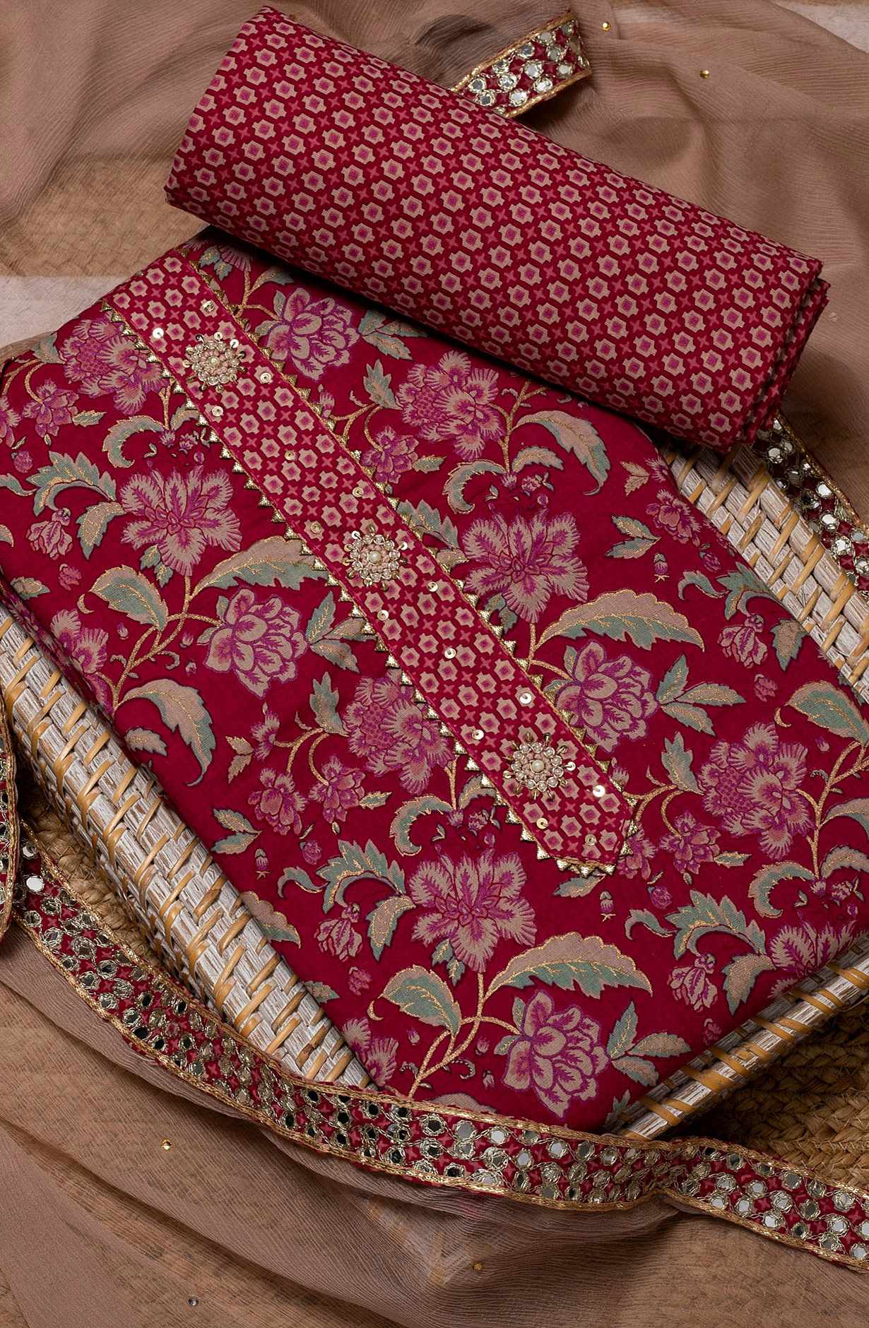 Magenta Cotton Printed Salwar Suit with Chiffon Dupatta - 912-DF08939