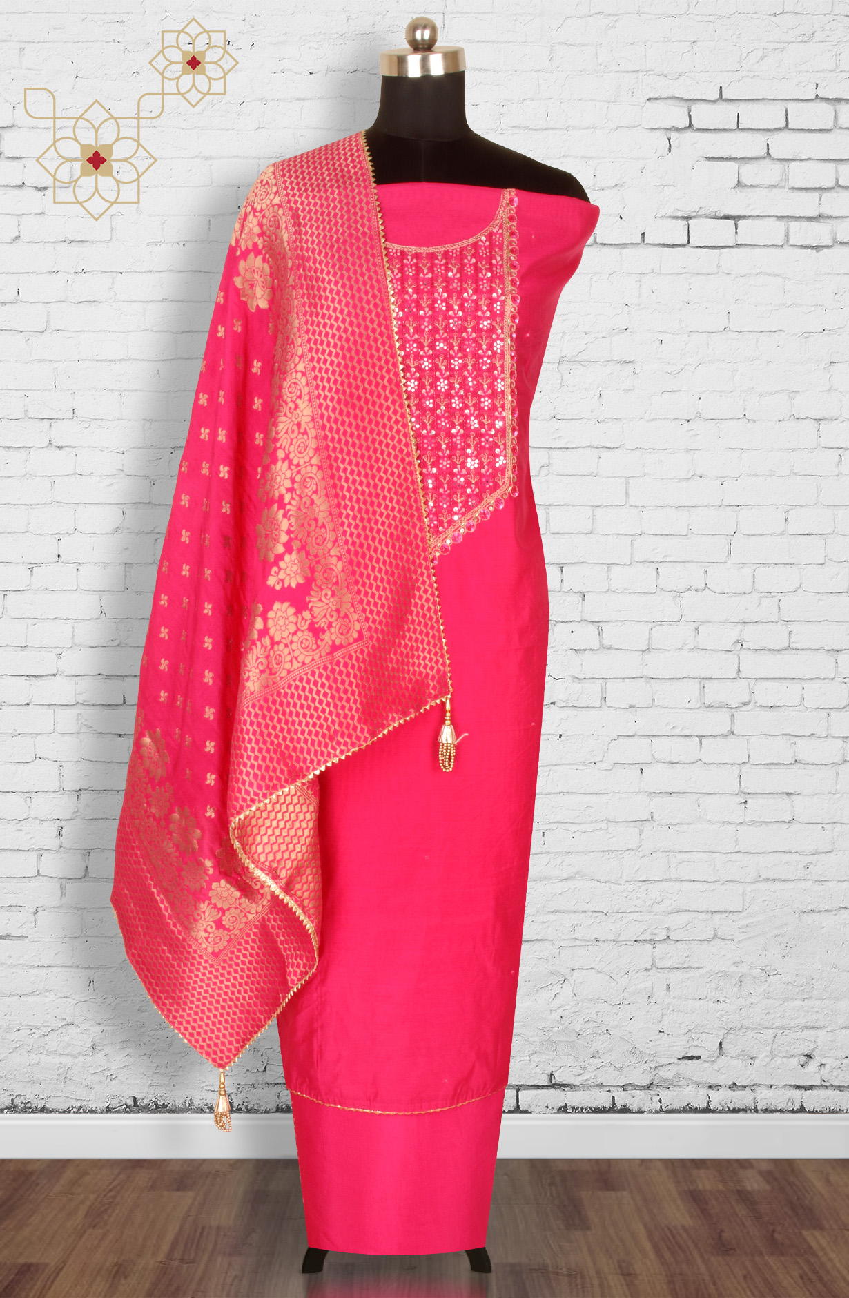 Rani Pink Chanderi Beautiful Unstitched Suit with Banarasi Silk Dupatta - 912-DF08946