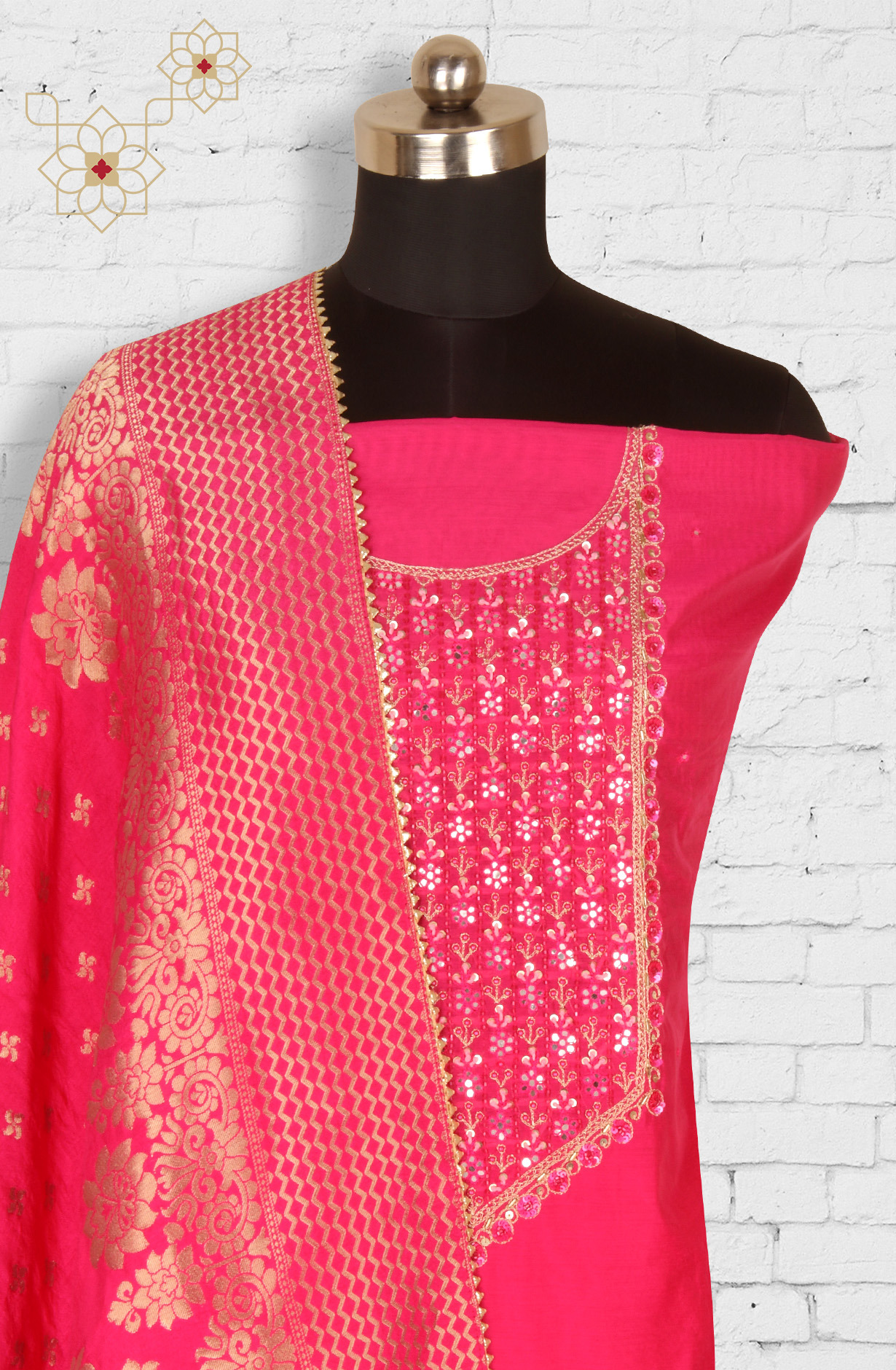Rani Pink Chanderi Beautiful Unstitched Suit with Banarasi Silk Dupatta - 912-DF08946