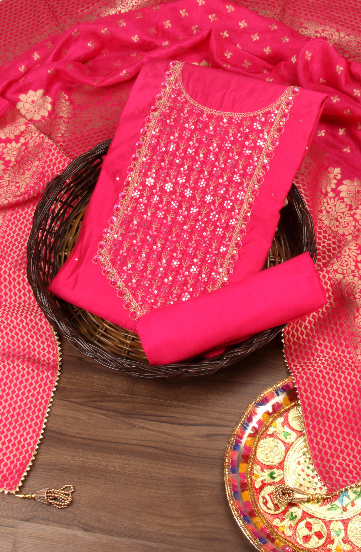 Rani Pink Chanderi Beautiful Unstitched Suit with Banarasi Silk Dupatta - 912-DF08946