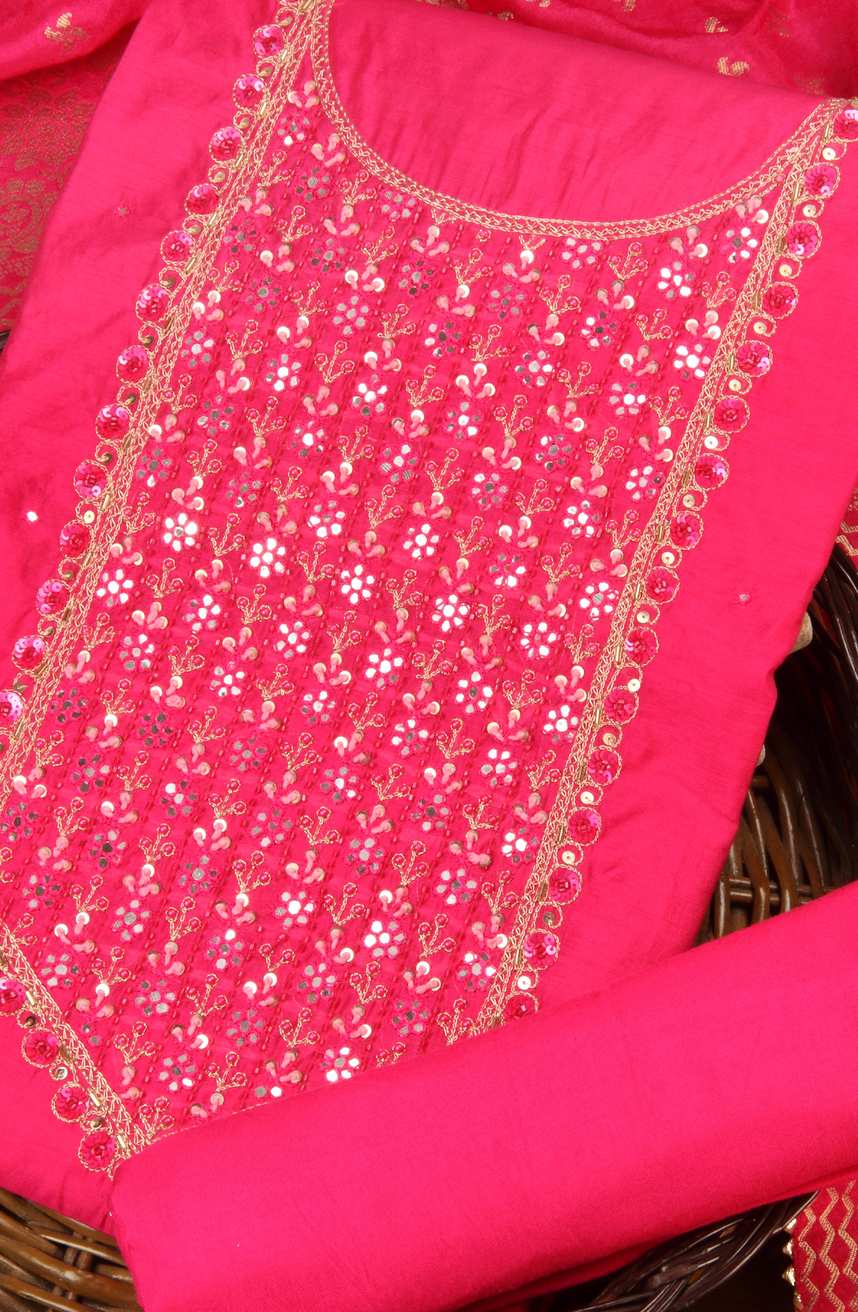 Rani Pink Chanderi Beautiful Unstitched Suit with Banarasi Silk Dupatta - 912-DF08946