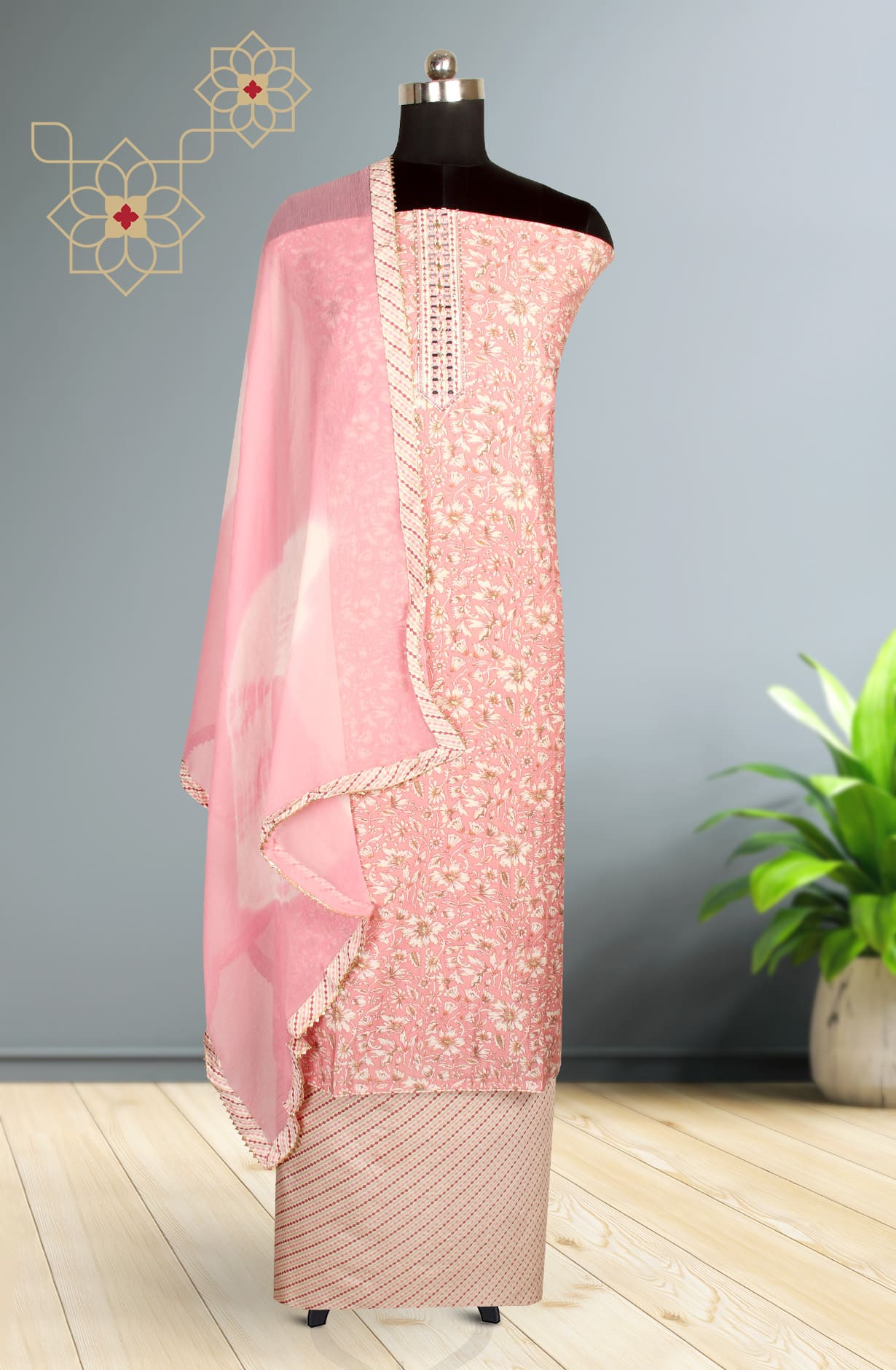 Pink Modal Silk Unstitched Suit with Chiffon Dupatta - 912-FH01627