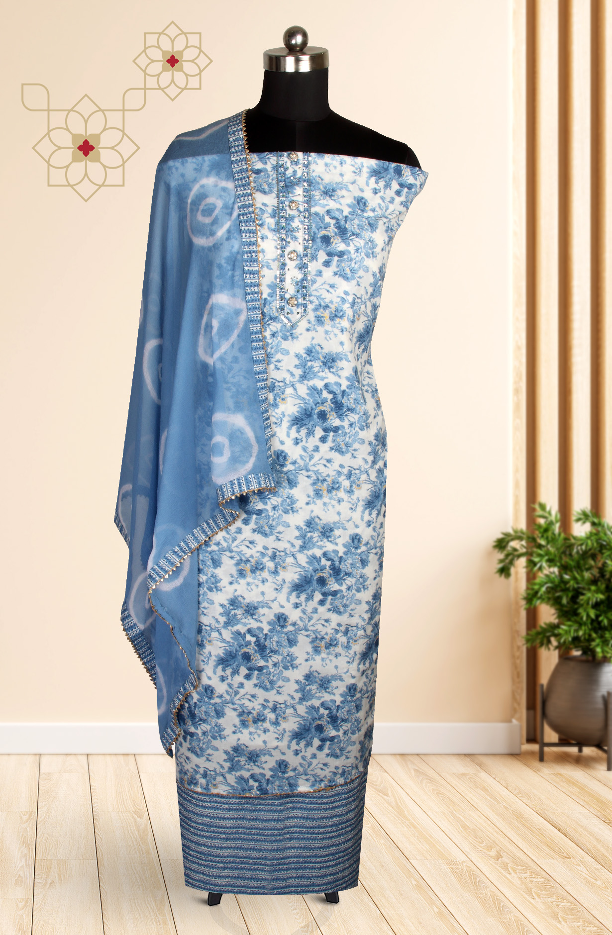 Pastel Blue Cotton Printed Salwar Suit with Chiffon Dupatta - 912-FH01794