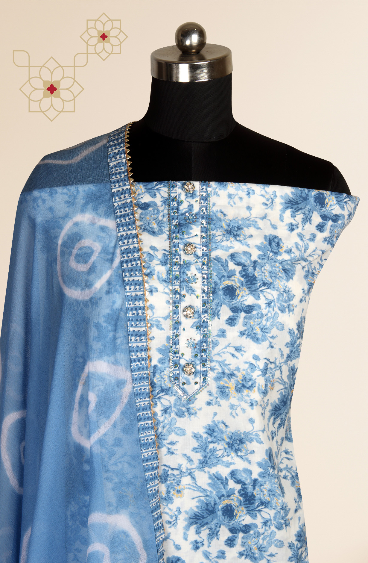 Pastel Blue Cotton Printed Salwar Suit with Chiffon Dupatta - 912-FH01794