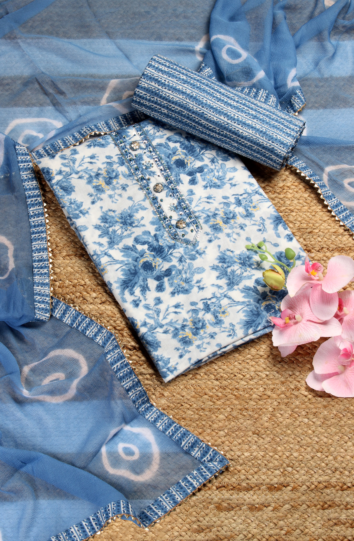 Pastel Blue Cotton Printed Salwar Suit with Chiffon Dupatta - 912-FH01794