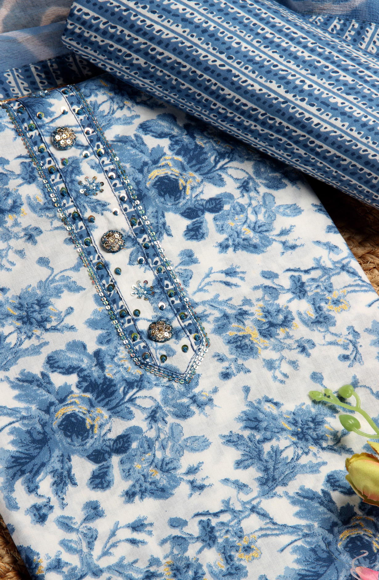 Pastel Blue Cotton Printed Salwar Suit with Chiffon Dupatta - 912-FH01794