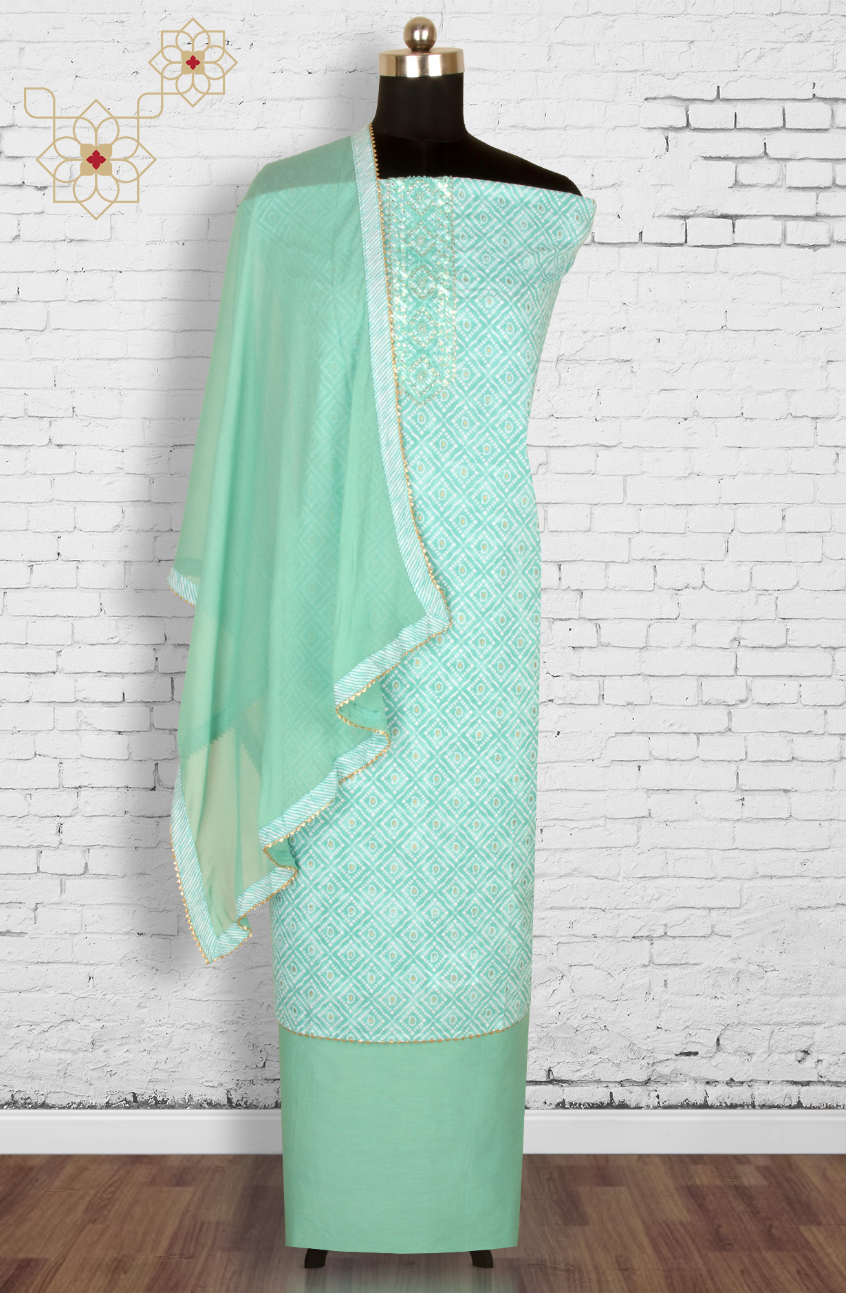 Sea Green Cotton Printed Unstitched Suit with Chiffon Dupatta - 912-FH01862