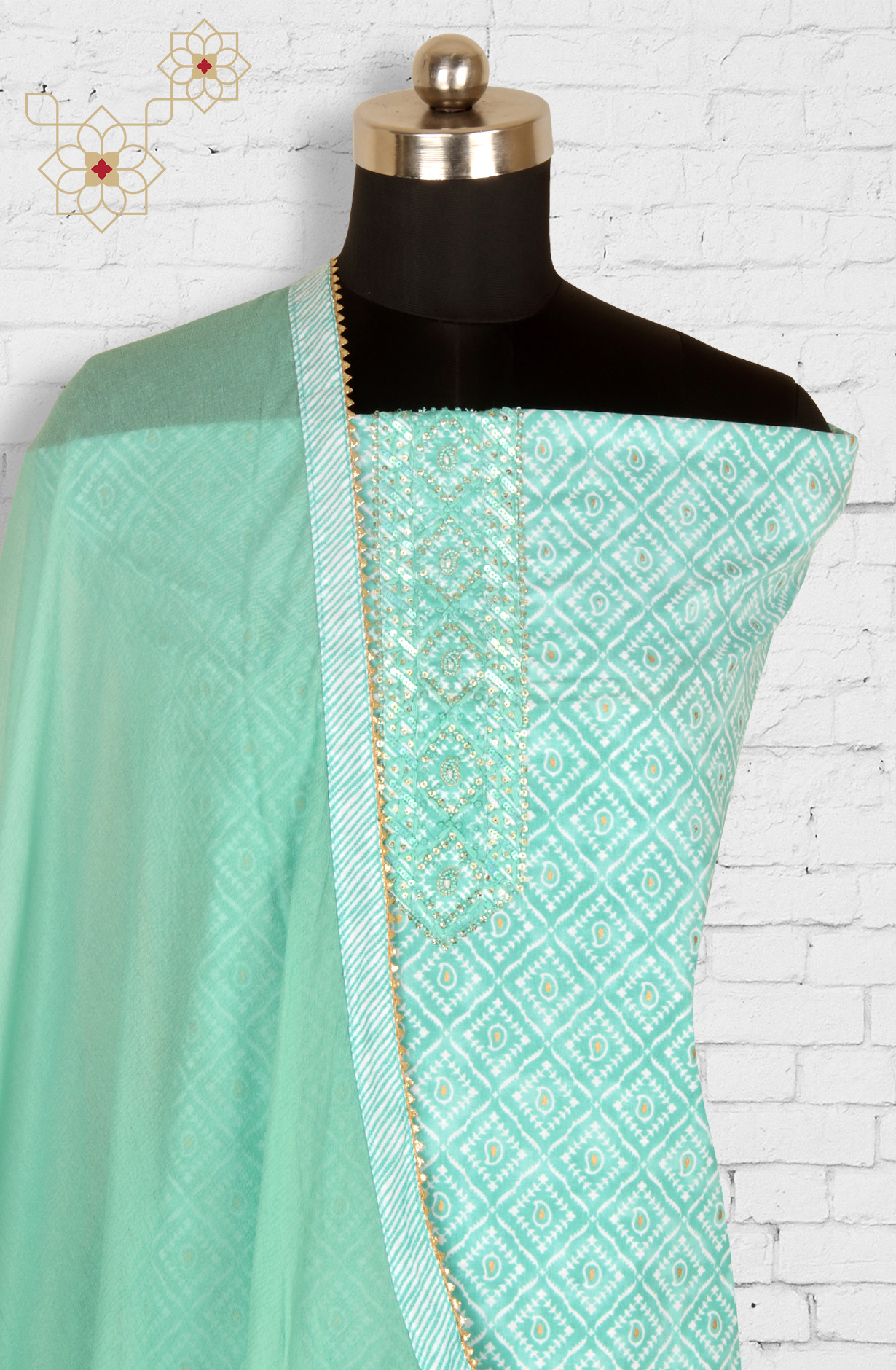 Sea Green Cotton Printed Unstitched Suit with Chiffon Dupatta - 912-FH01862