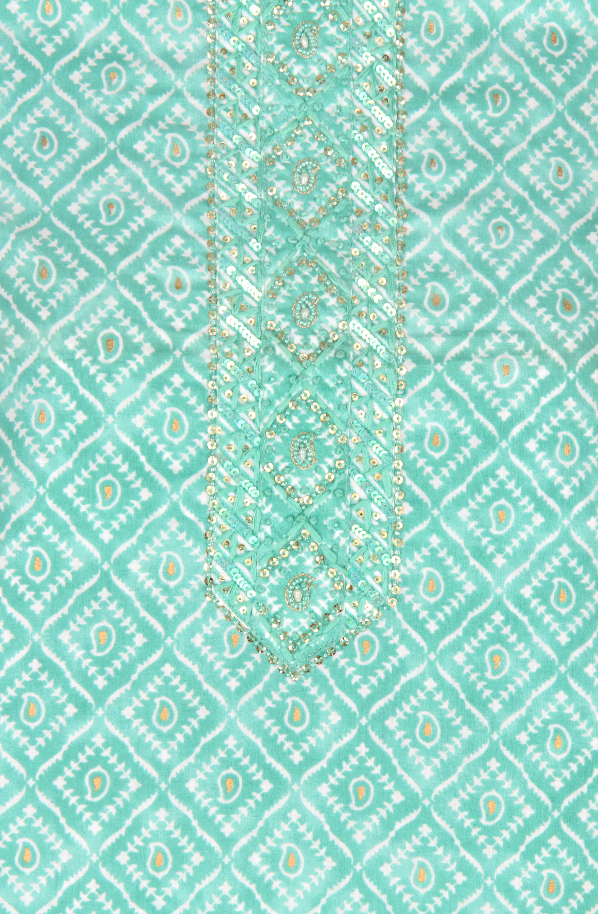 Sea Green Cotton Printed Unstitched Suit with Chiffon Dupatta - 912-FH01862