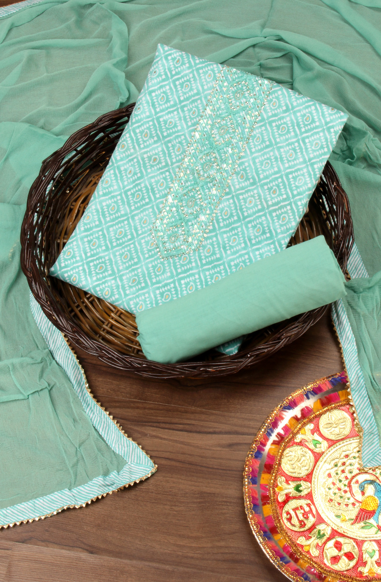 Sea Green Cotton Printed Unstitched Suit with Chiffon Dupatta - 912-FH01862