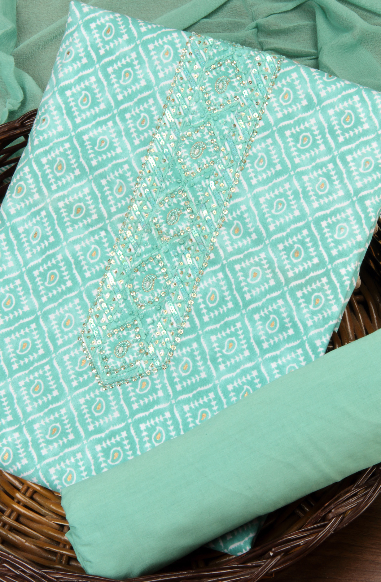 Sea Green Cotton Printed Unstitched Suit with Chiffon Dupatta - 912-FH01862