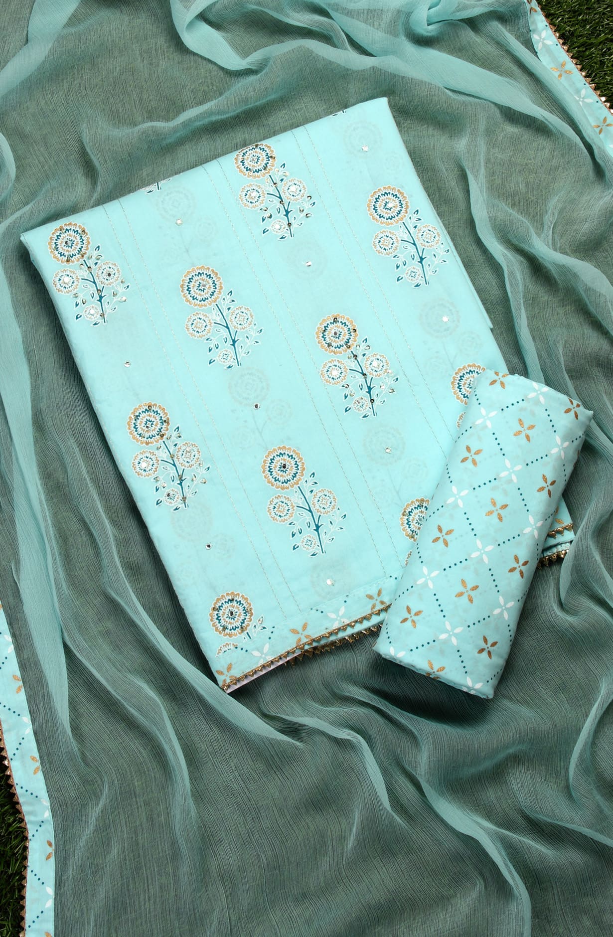 Sea Green Cotton Unstitched Digital Printed Suit with Chiffon Dupatta - 912-HP06633A