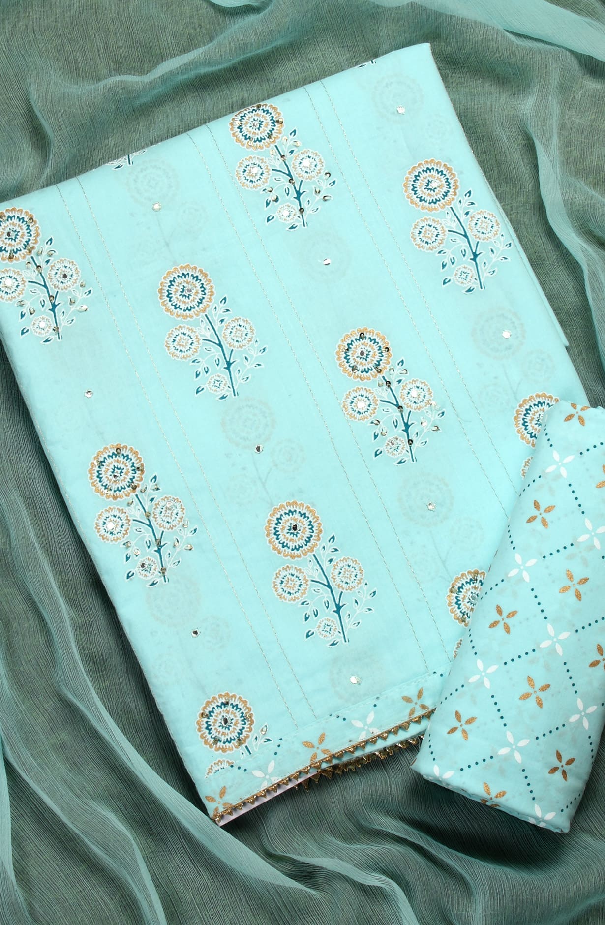 Sea Green Cotton Unstitched Digital Printed Suit with Chiffon Dupatta - 912-HP06633A