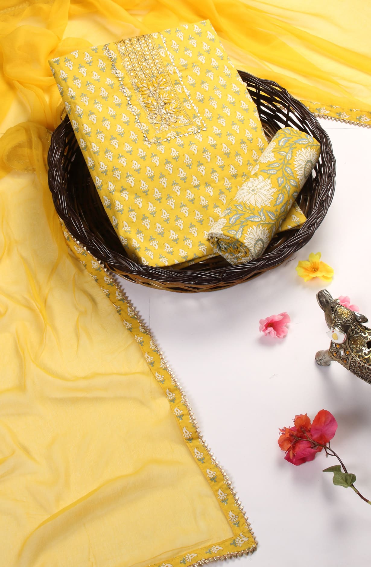 Yellow Cotton Unstitched Digital Printed Suit with Chiffon Dupatta - 912-HP06653B