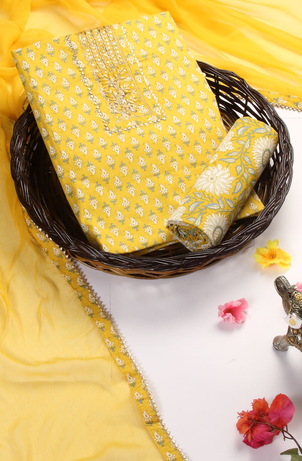 Yellow Cotton Unstitched Digital Printed Suit with Chiffon Dupatta - 912-HP06653B