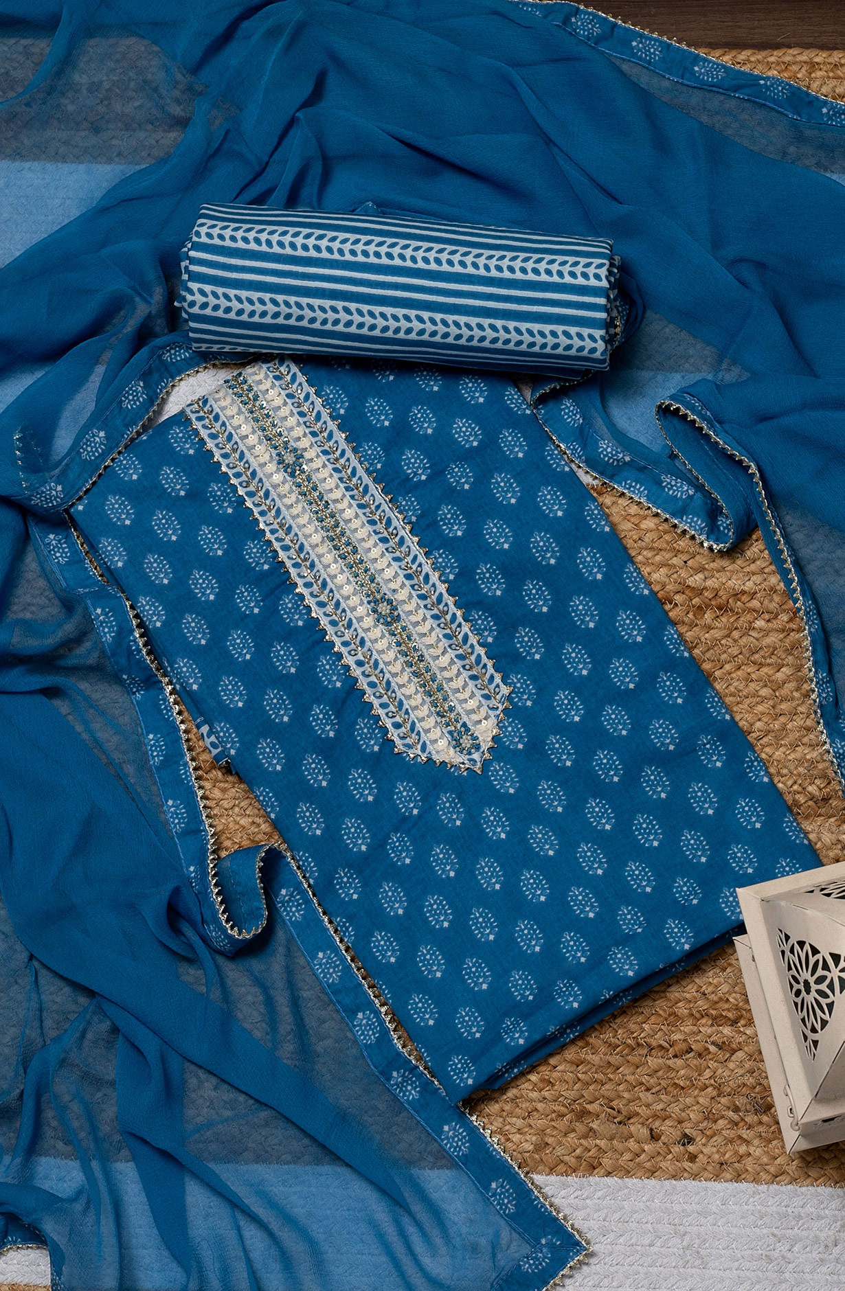 Pastel Blue Cotton Printed Salwar Suit with Chiffon Dupatta - 912-HP06715A