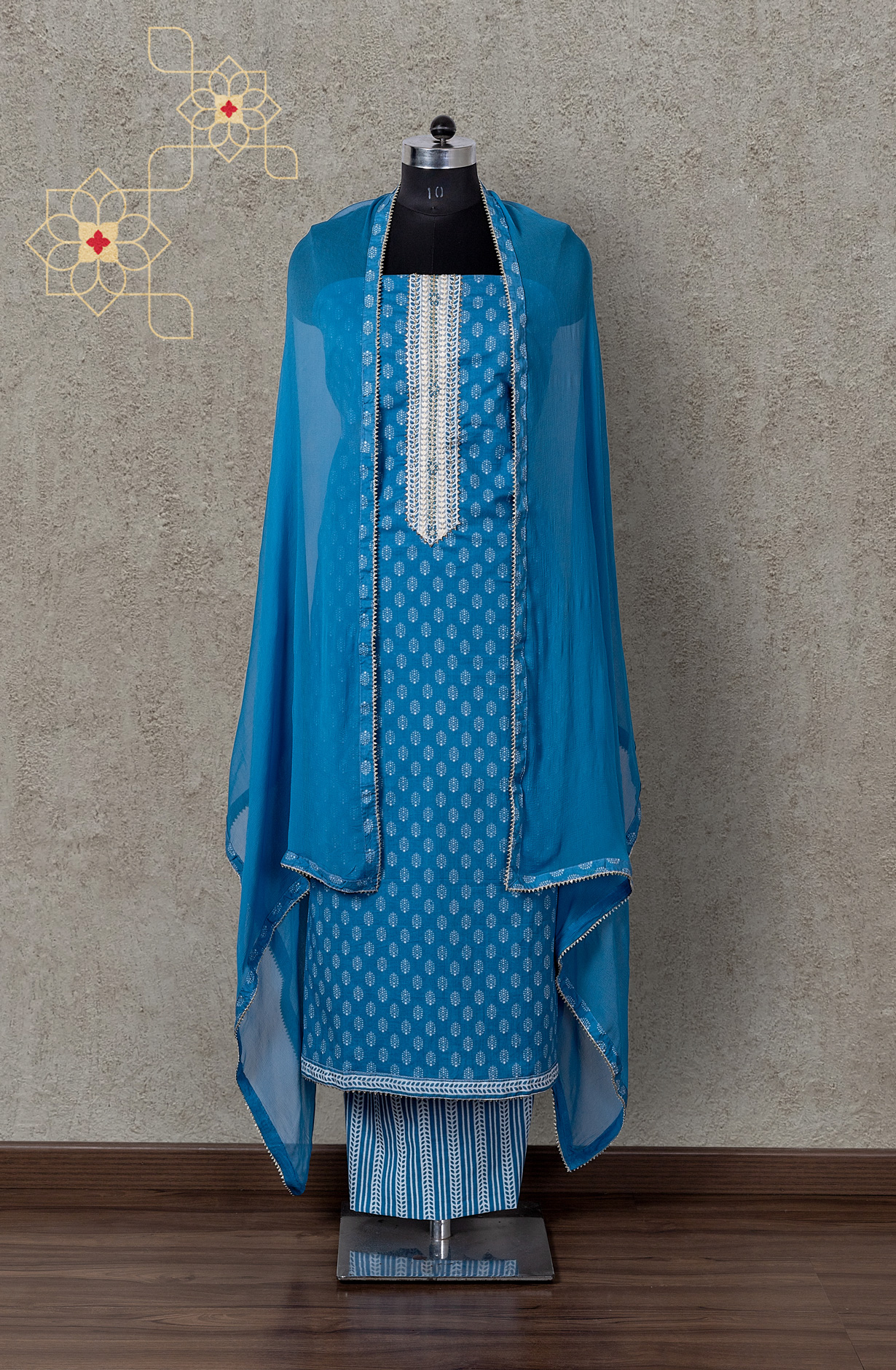 Pastel Blue Cotton Printed Salwar Suit with Chiffon Dupatta - 912-HP06715A