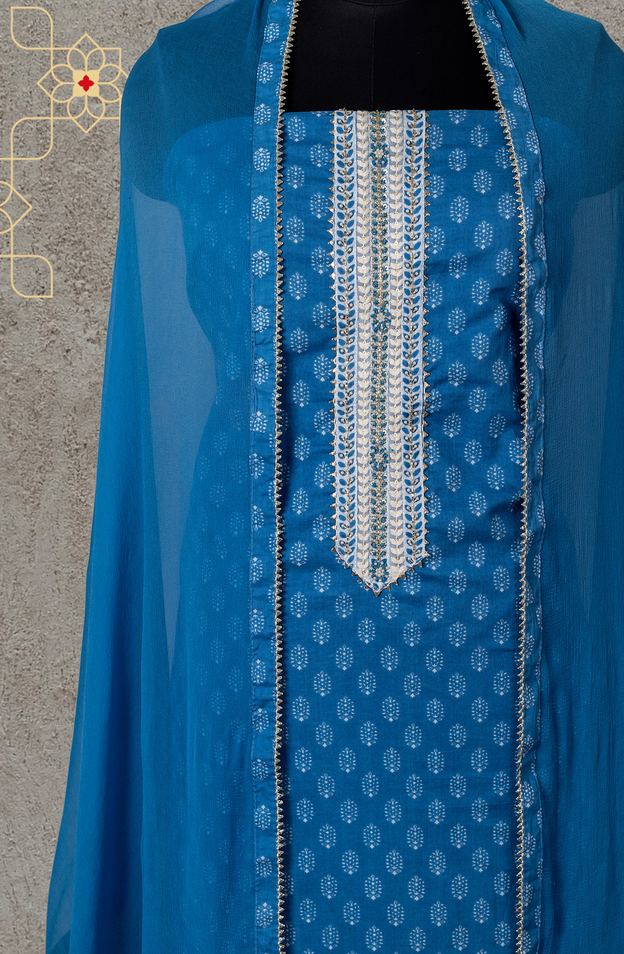 Pastel Blue Cotton Printed Salwar Suit with Chiffon Dupatta - 912-HP06715A
