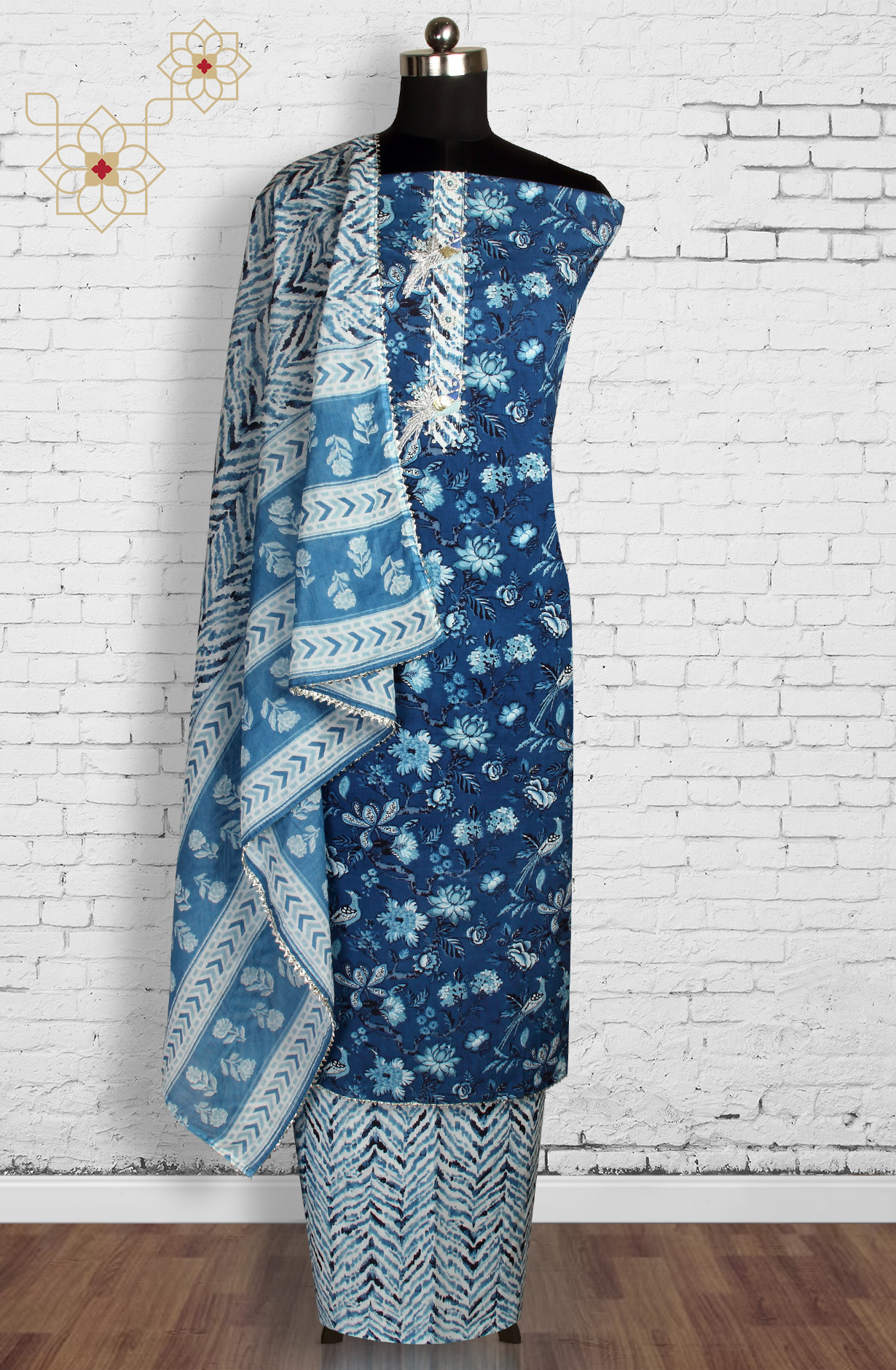 Indigo Blue Cotton Printed Unstitched Salwar Suit with Dupatta - 912-JNC02304