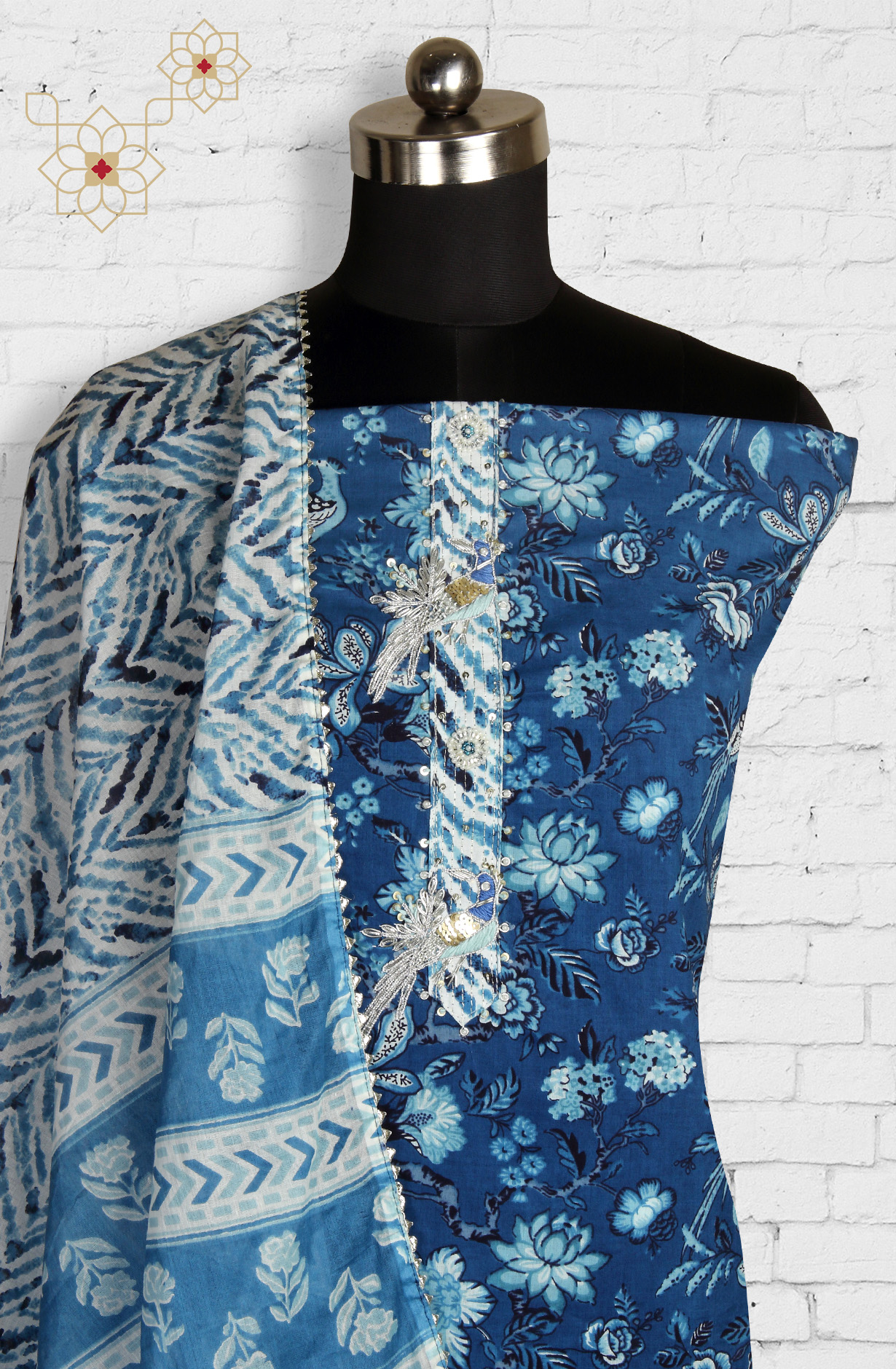 Indigo Blue Cotton Printed Unstitched Salwar Suit with Dupatta - 912-JNC02304
