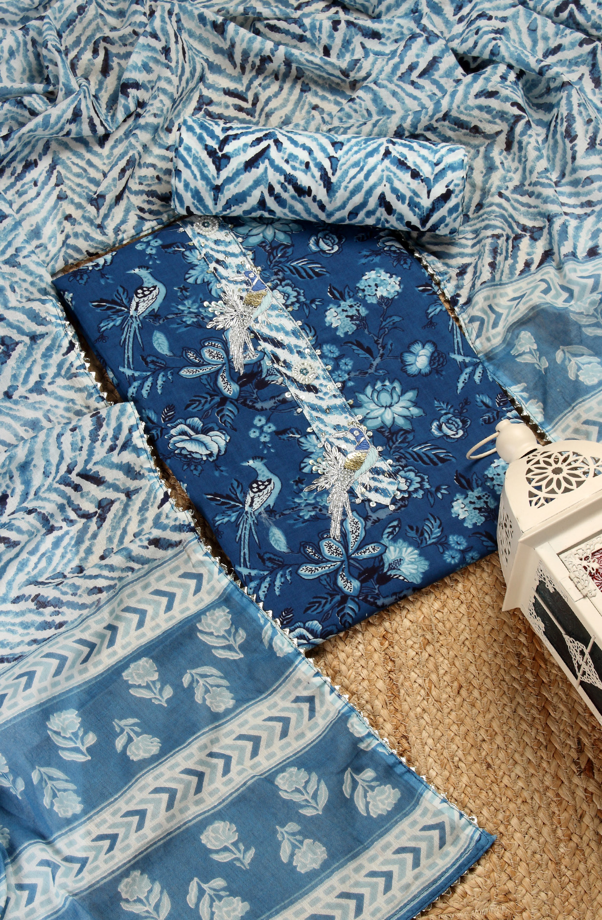 Indigo Blue Cotton Printed Unstitched Salwar Suit with Dupatta - 912-JNC02304