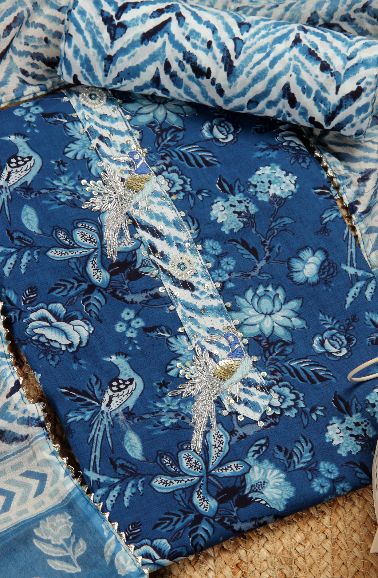 Indigo Blue Cotton Printed Unstitched Salwar Suit with Dupatta - 912-JNC02304