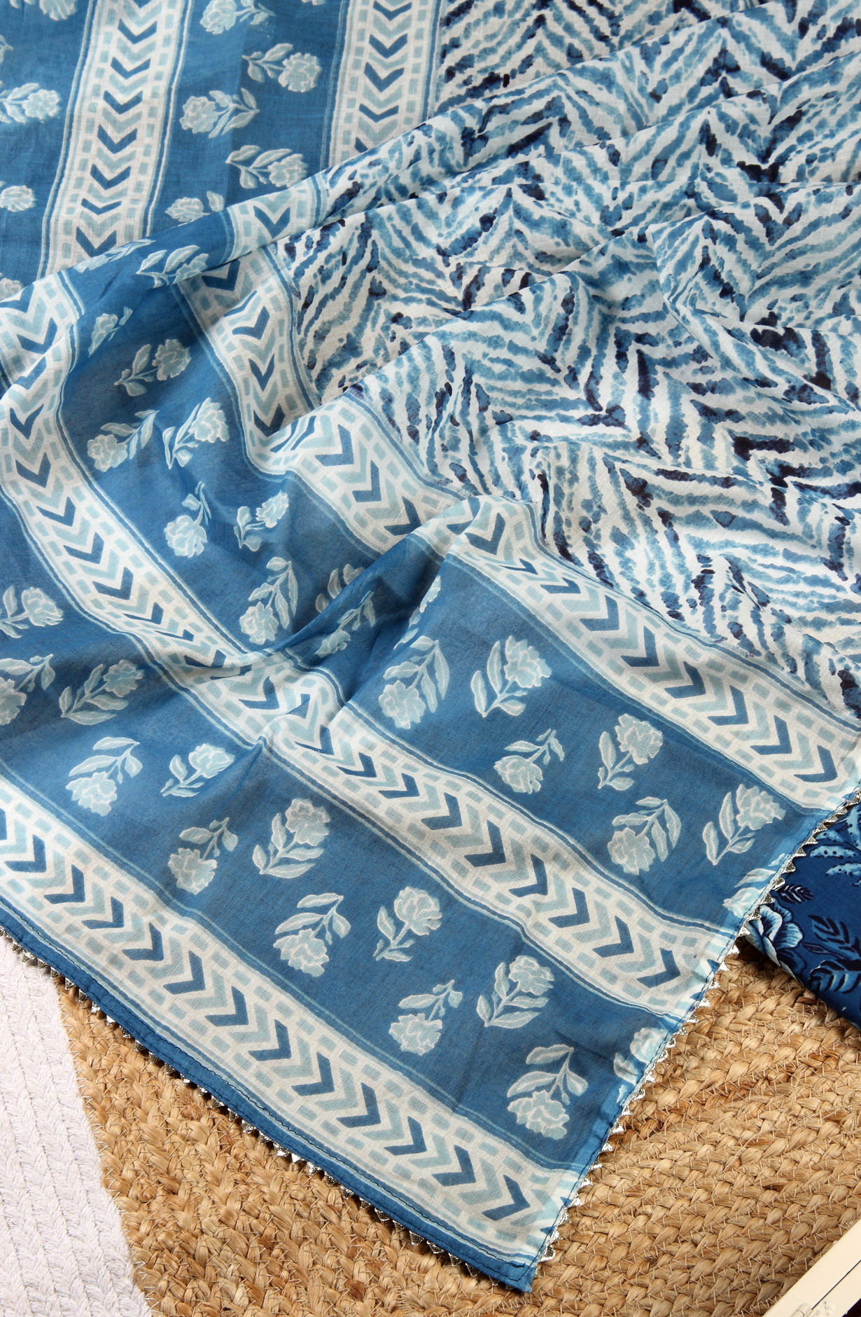 Indigo Blue Cotton Printed Unstitched Salwar Suit with Dupatta - 912-JNC02304