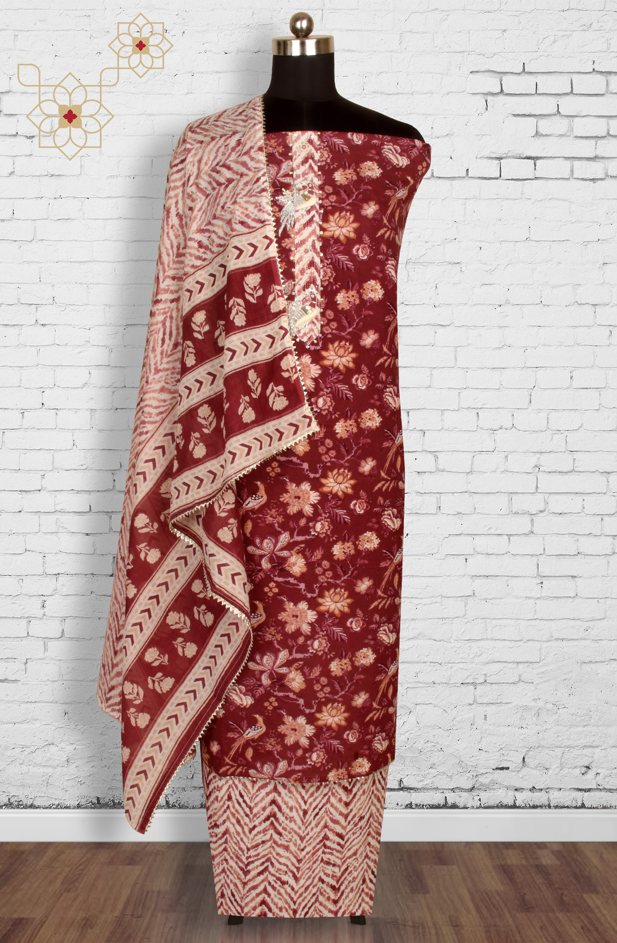 Wine Cotton Printed Unstitched Salwar Suit with Dupatta - 912-JNC02304A