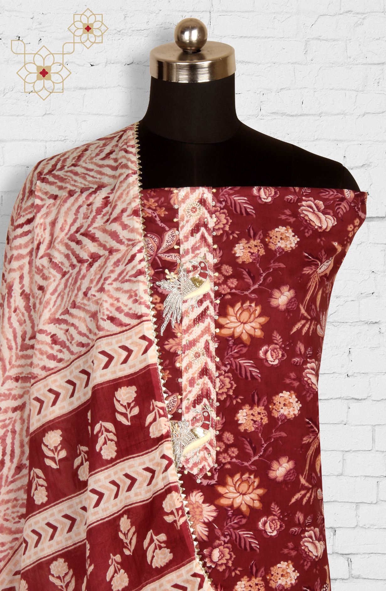 Wine Cotton Printed Unstitched Salwar Suit with Dupatta - 912-JNC02304A