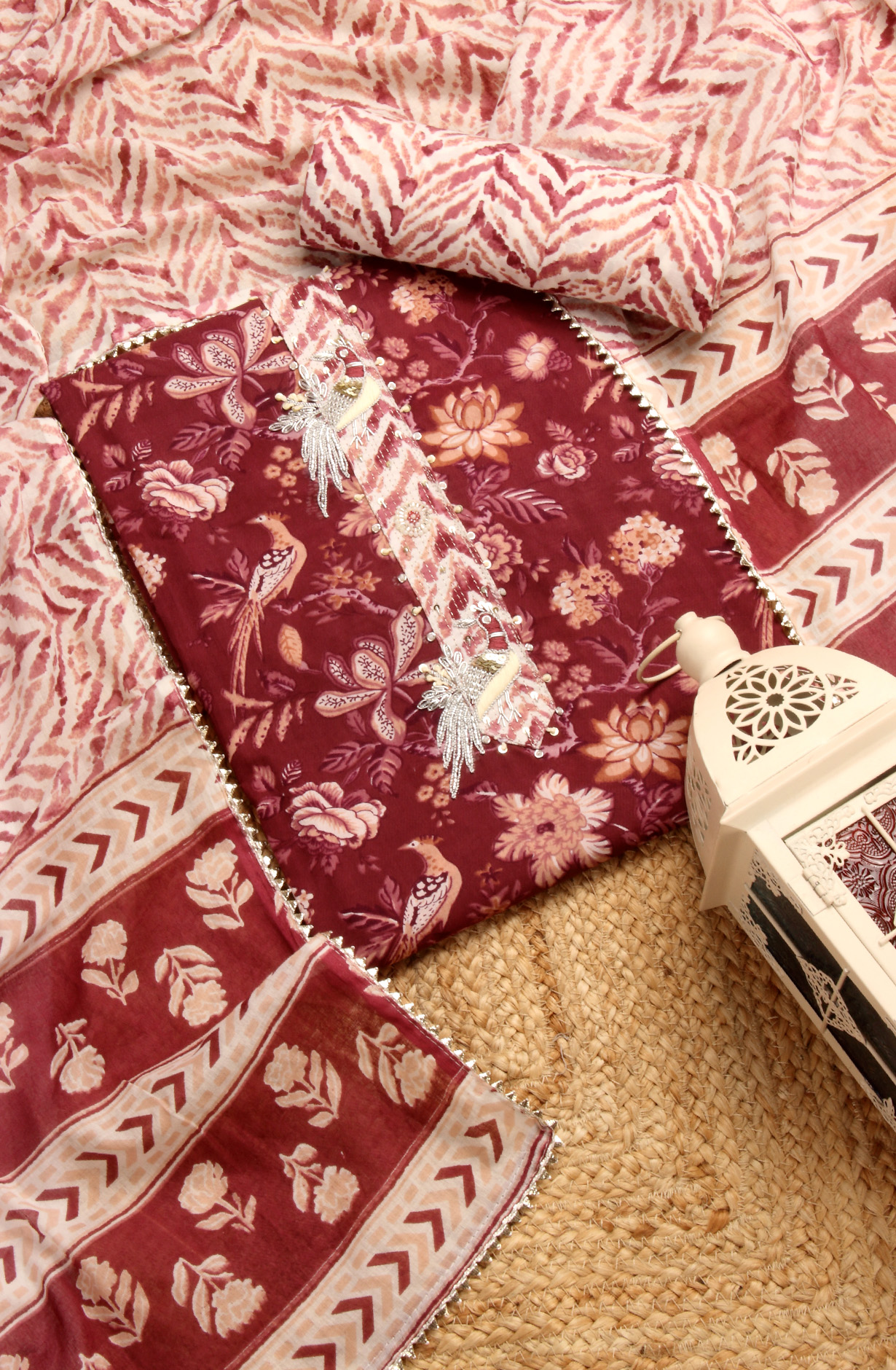 Wine Cotton Printed Unstitched Salwar Suit with Dupatta - 912-JNC02304A