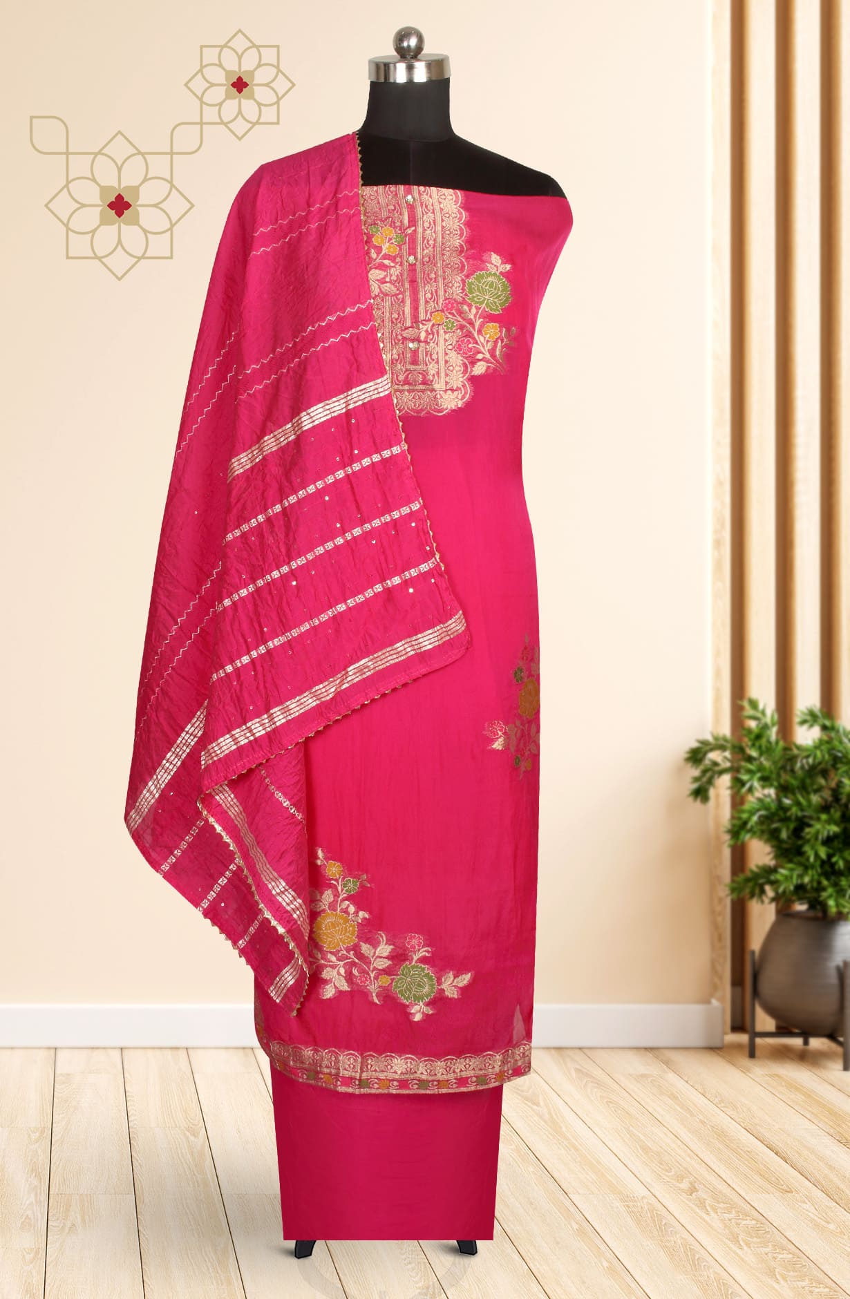 Rani Pink Organza Unstitched Suit-set with Organza Dupatta - 912-KTLA96206