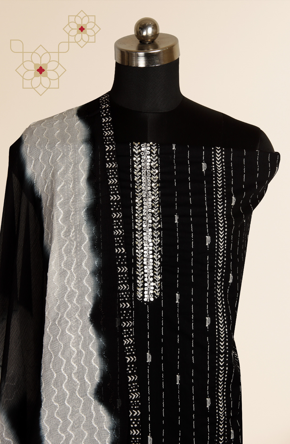 Black Cotton Printed Salwar Suit with Chiffon Dupatta - 912-LA06594