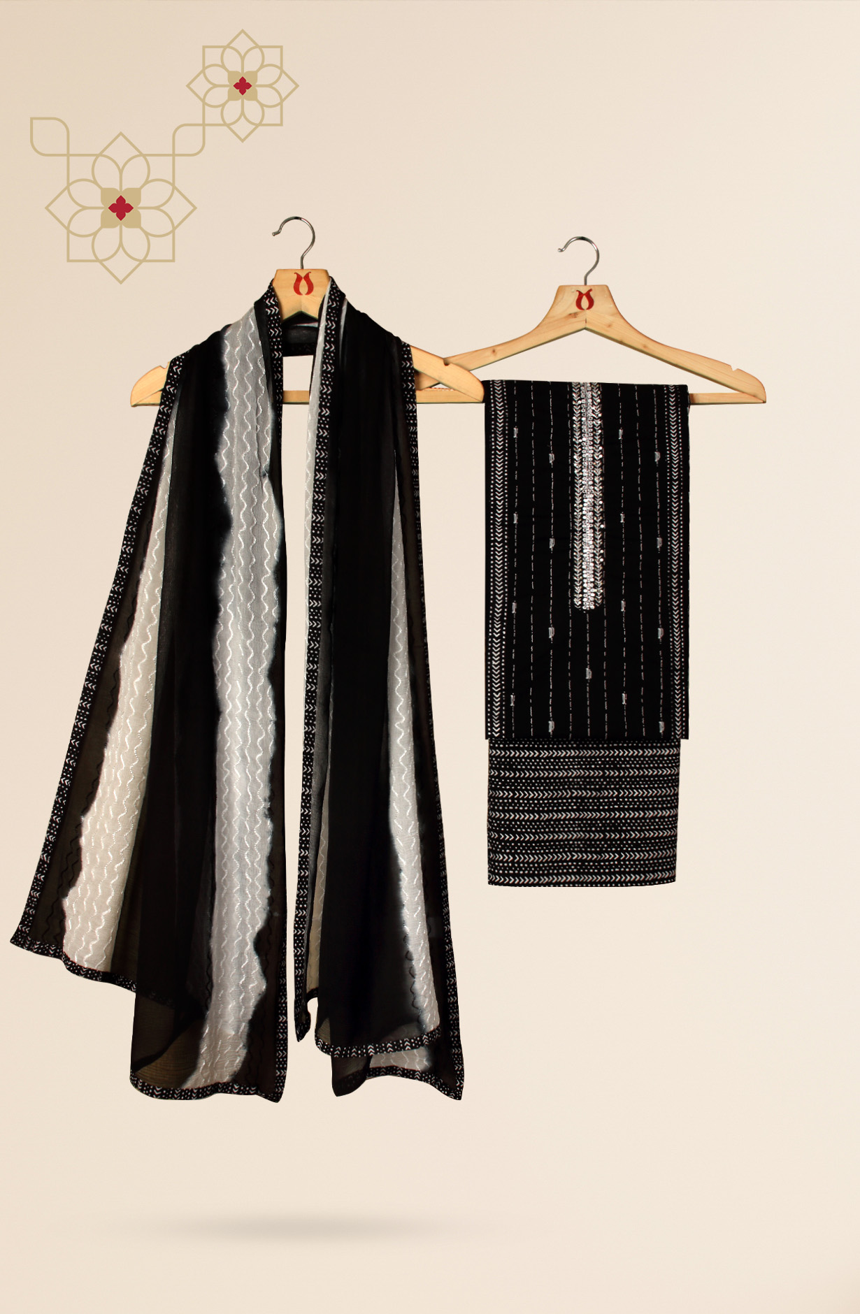 Black Cotton Printed Salwar Suit with Chiffon Dupatta - 912-LA06594