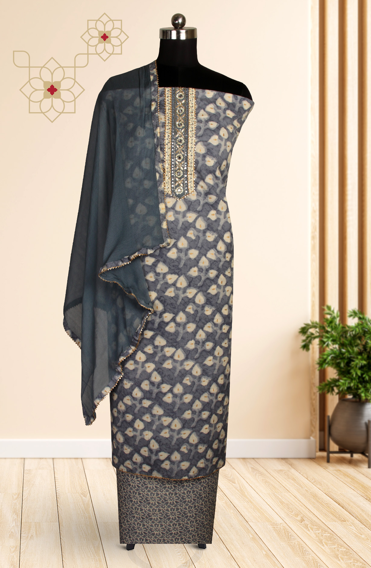 Grey Cotton Printed Unstitched Salwar Kameez with Chiffon Dupatta - 912-LA06643
