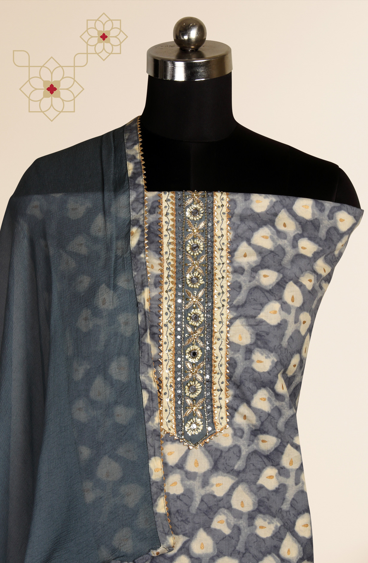 Grey Cotton Printed Unstitched Salwar Kameez with Chiffon Dupatta - 912-LA06643