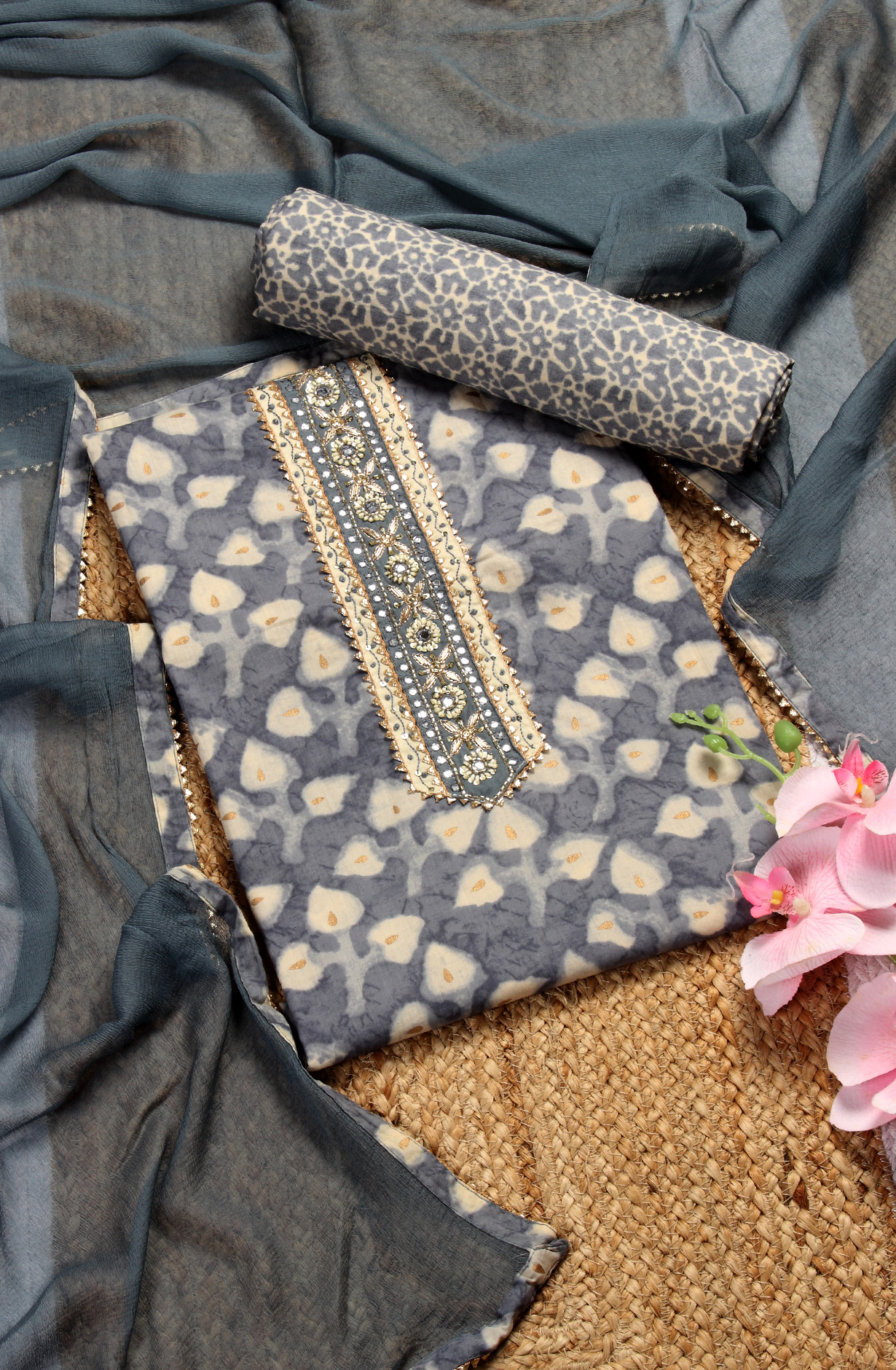 Grey Cotton Printed Unstitched Salwar Kameez with Chiffon Dupatta - 912-LA06643