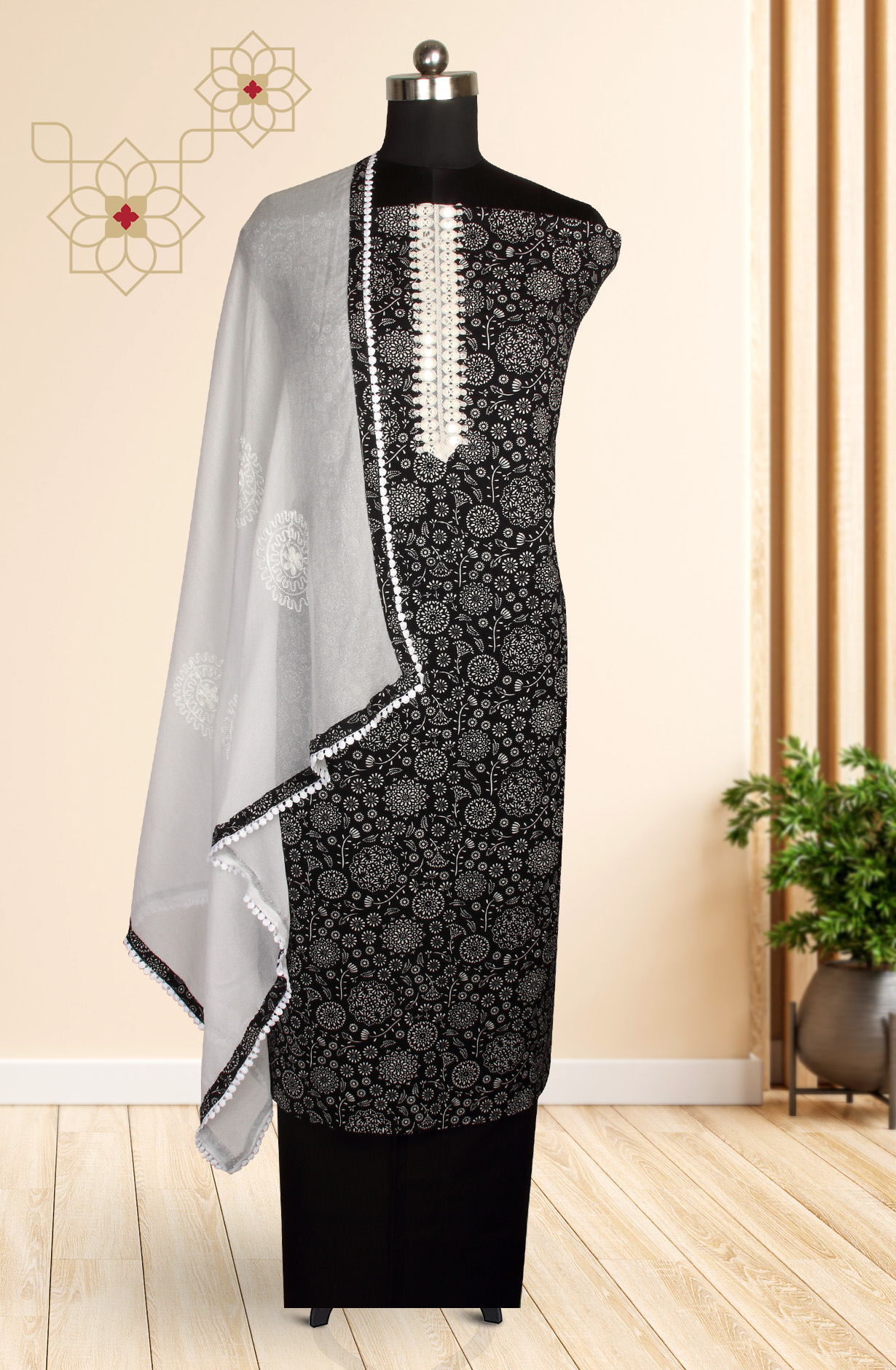 Black Cotton Printed Salwar Kameez with Chiffon Dupatta - 912-LA06652