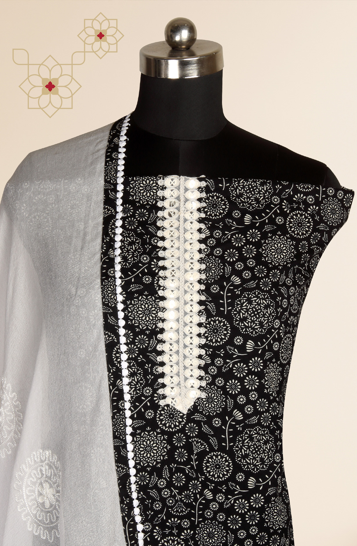 Black Cotton Printed Salwar Kameez with Chiffon Dupatta - 912-LA06652