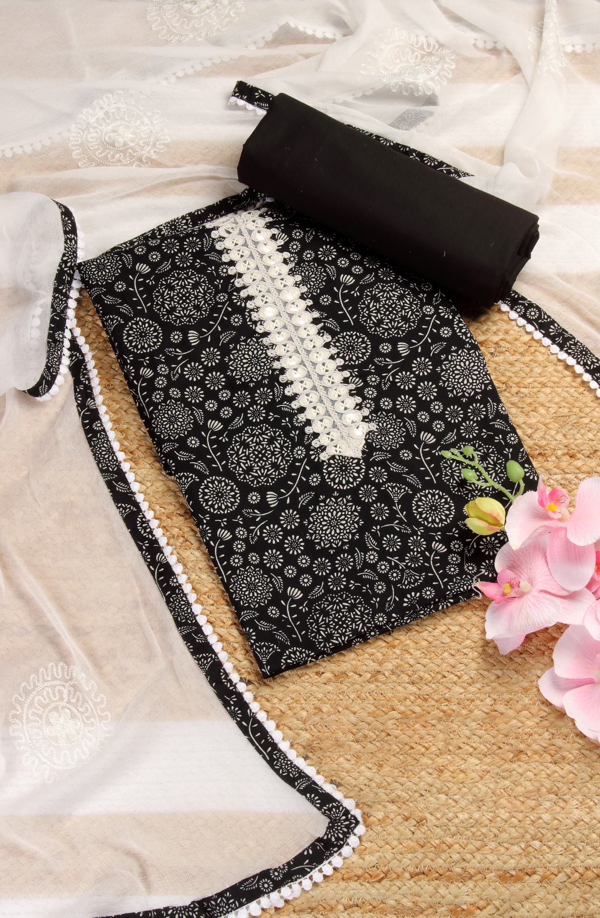 Black Cotton Printed Salwar Kameez with Chiffon Dupatta - 912-LA06652