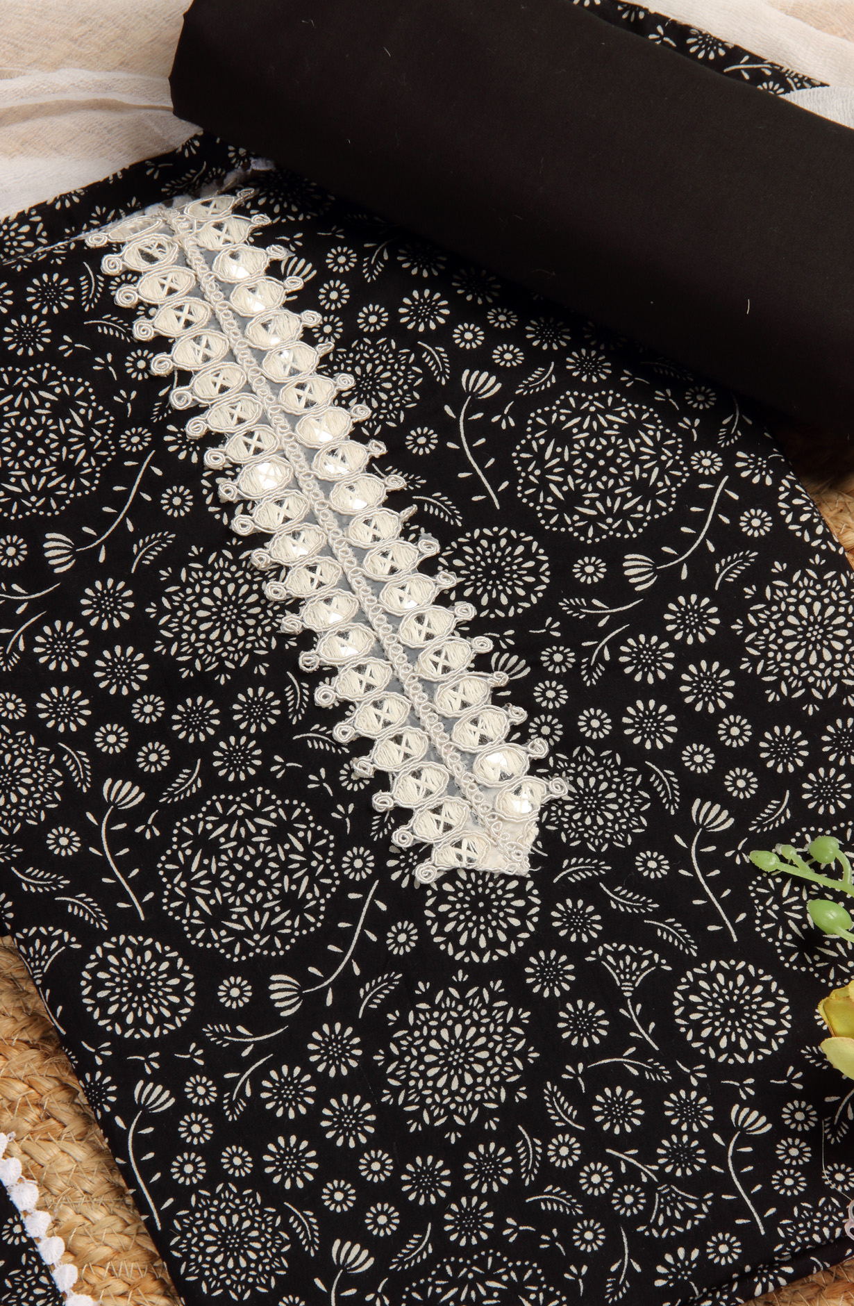 Black Cotton Printed Salwar Kameez with Chiffon Dupatta - 912-LA06652