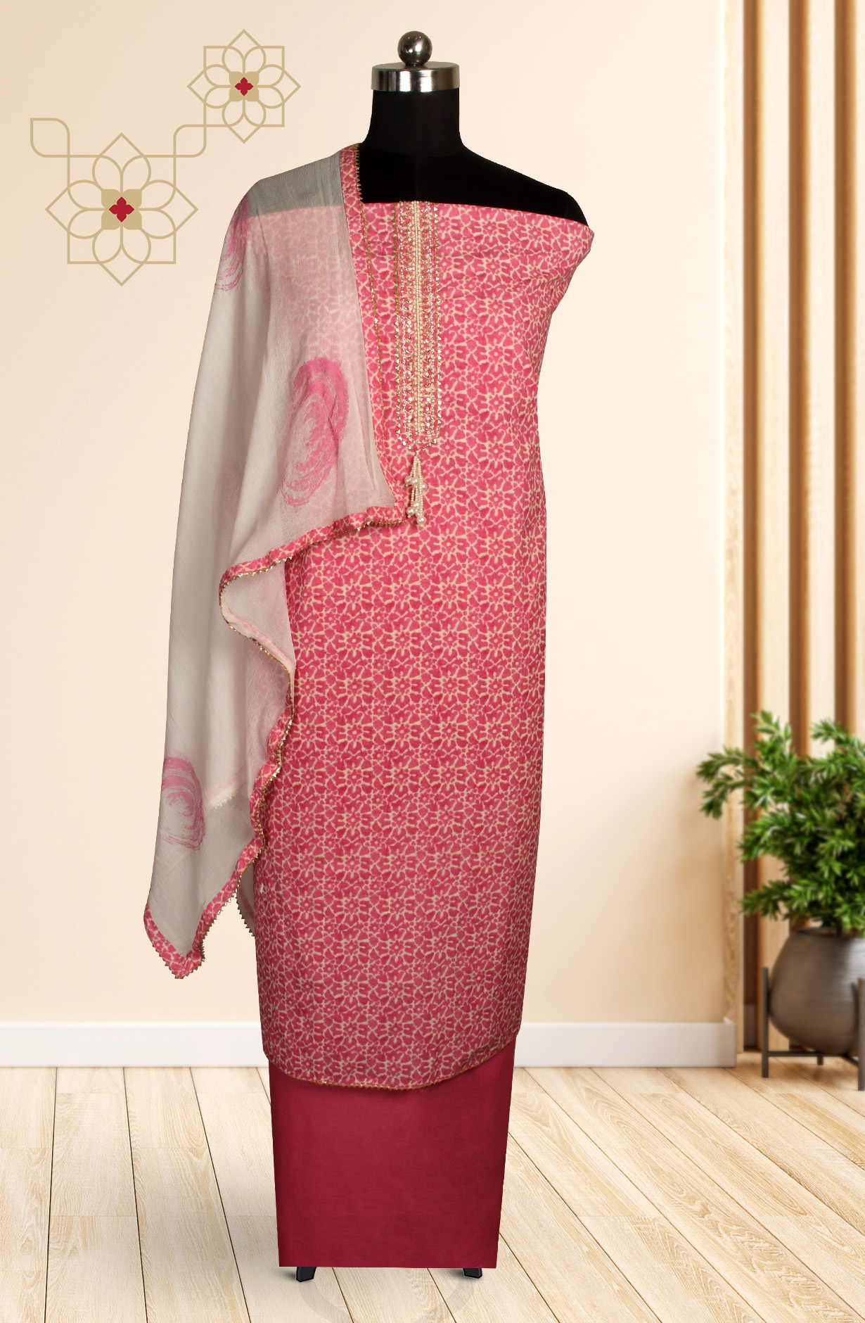 Pink Cotton Printed Unstitched Salwar Kameez with Chiffon Dupatta - 912-LA06668