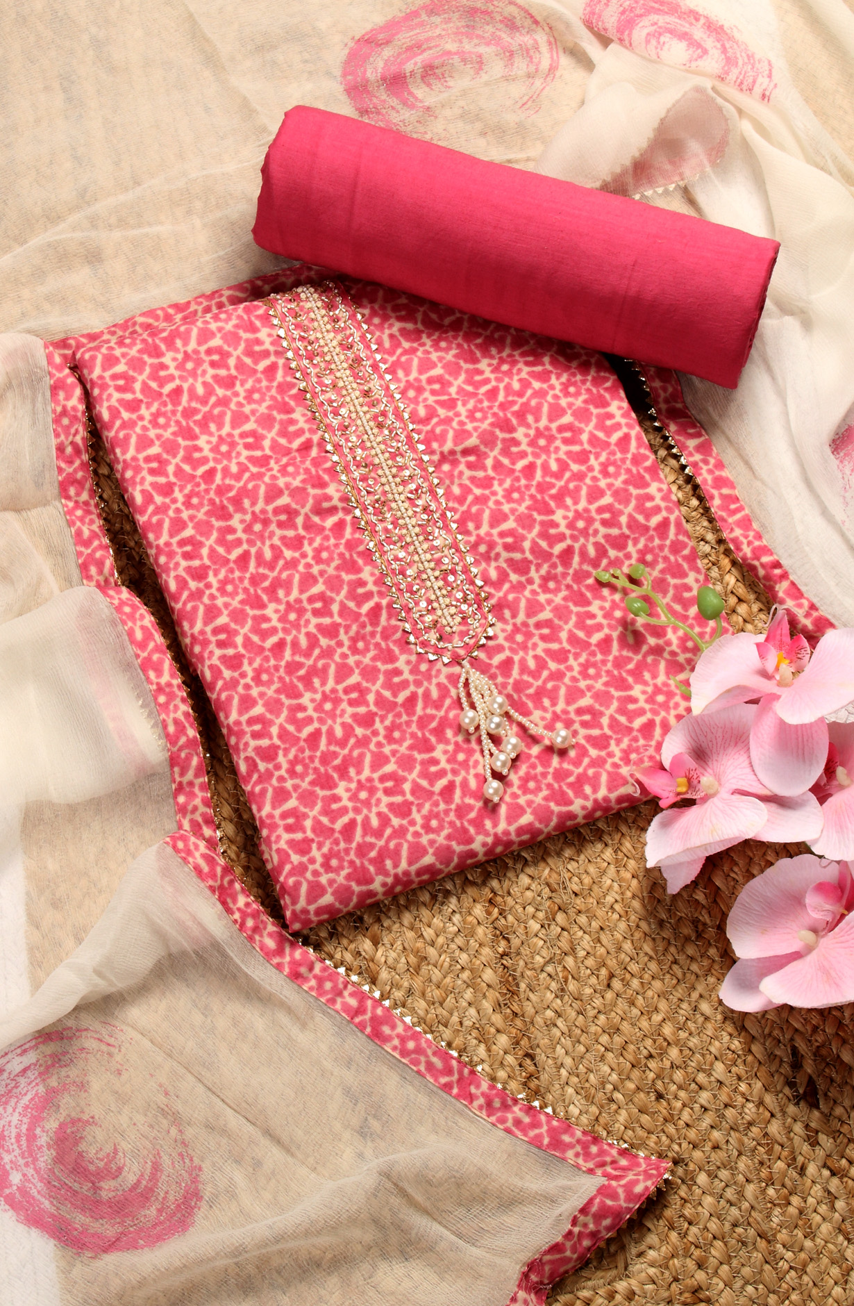 Pink Cotton Printed Unstitched Salwar Kameez with Chiffon Dupatta - 912-LA06668